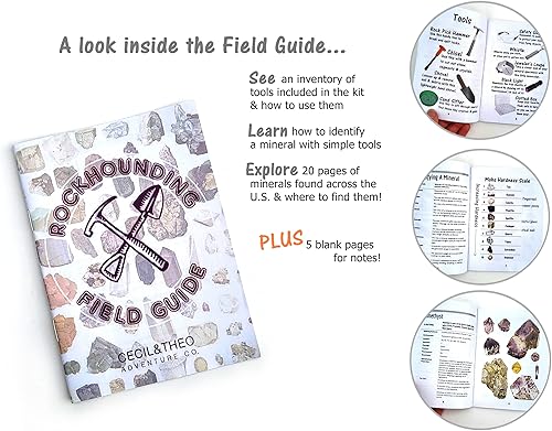 Miniatura 5 de Cecil & Theo Adventure Co. Rockhounding - Kit de herramientas con martillo de púa de roca – Incluye guía de campo de 32 páginas, mochila, cincel y