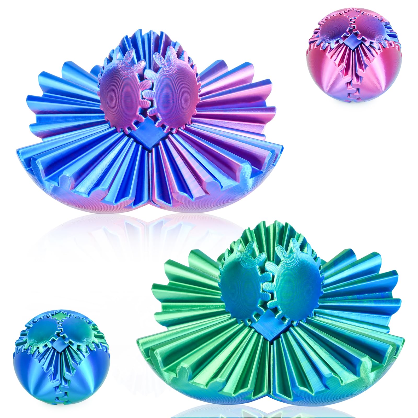 Gear Ball 3D gedrucktes Fidget Spielzeug Drehbare Zahnradkugel Stressabbau Schreibtischspielzeug Erwachsene und Kinder Geschenk für Weihnachten Wichteln (Lila + Grün, 2.5 In/6.5cm)