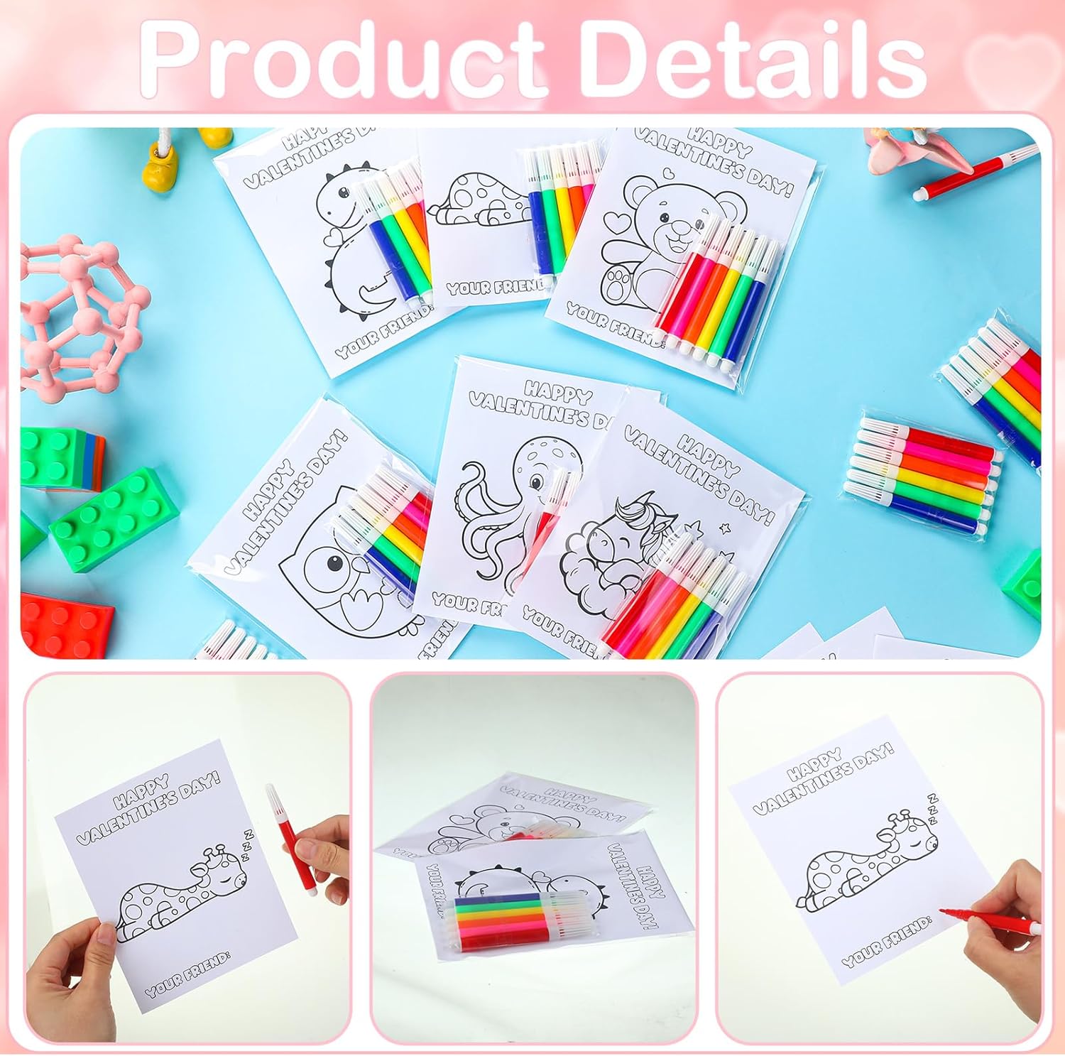 24 Pcs Valentines Day Gifts Card for Kids Doodle Cute Coloring Valentines Classroom Gift Exchange Card Craft with Color Pen for Children Valentine Goody Bag Filler Party Gift School DIY Event