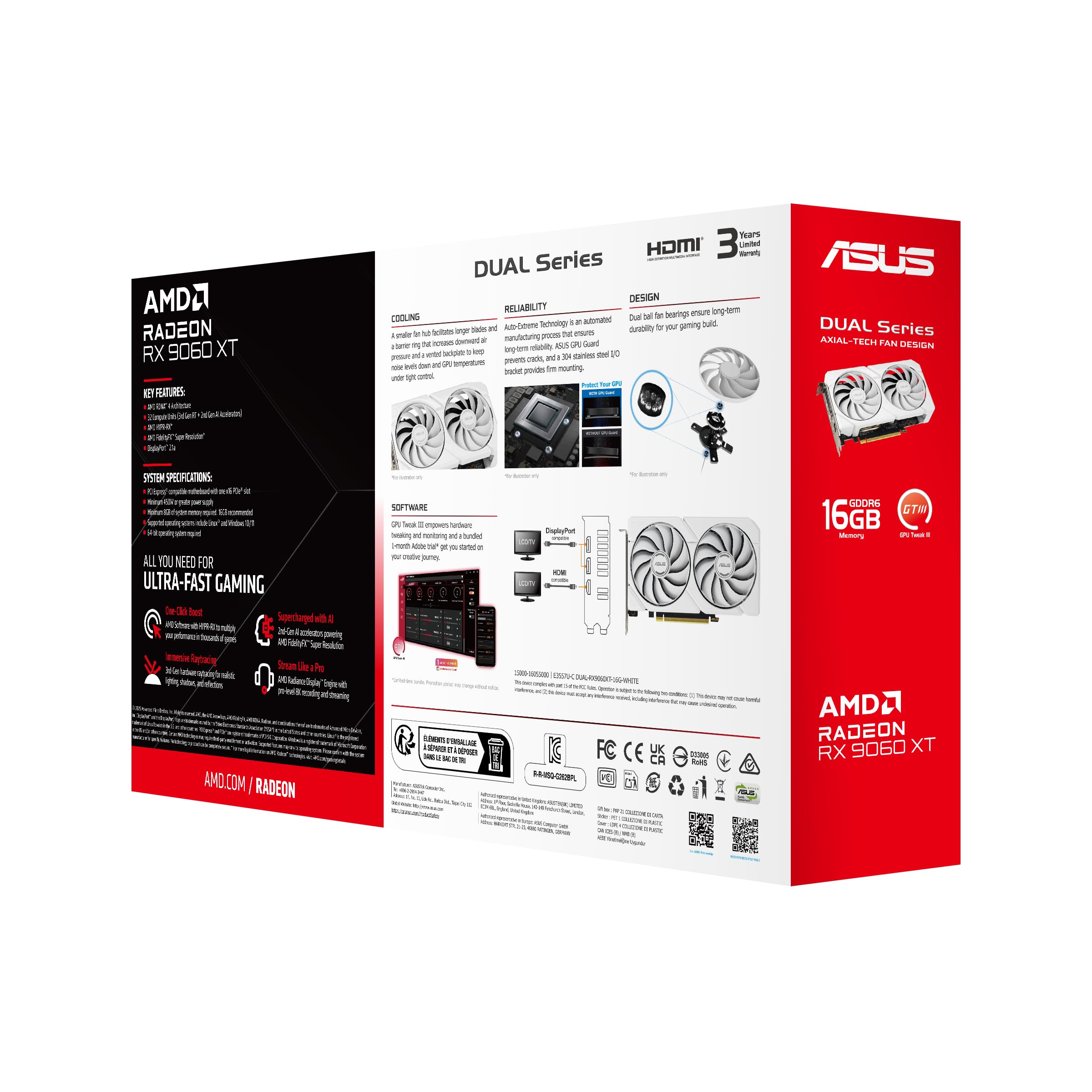 ASUS Dual Radeon RX 9060 XT 16GB GDDR6 White Edition (PCIe 5.0, 16GB GDDR6, HDMI 2.1b, DisplayPort 2.1a, 2.5-Slot Design, Axial-tech Lüfterdesign, 0dB Technologie und mehr)