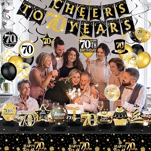 Miniatura 7 de Zonon Decoraciones de mesa para fiesta de cumpleaños número 70 para hombres y mujeres, 35 piezas de regalo a 70 años, mantel de pancarta de globos