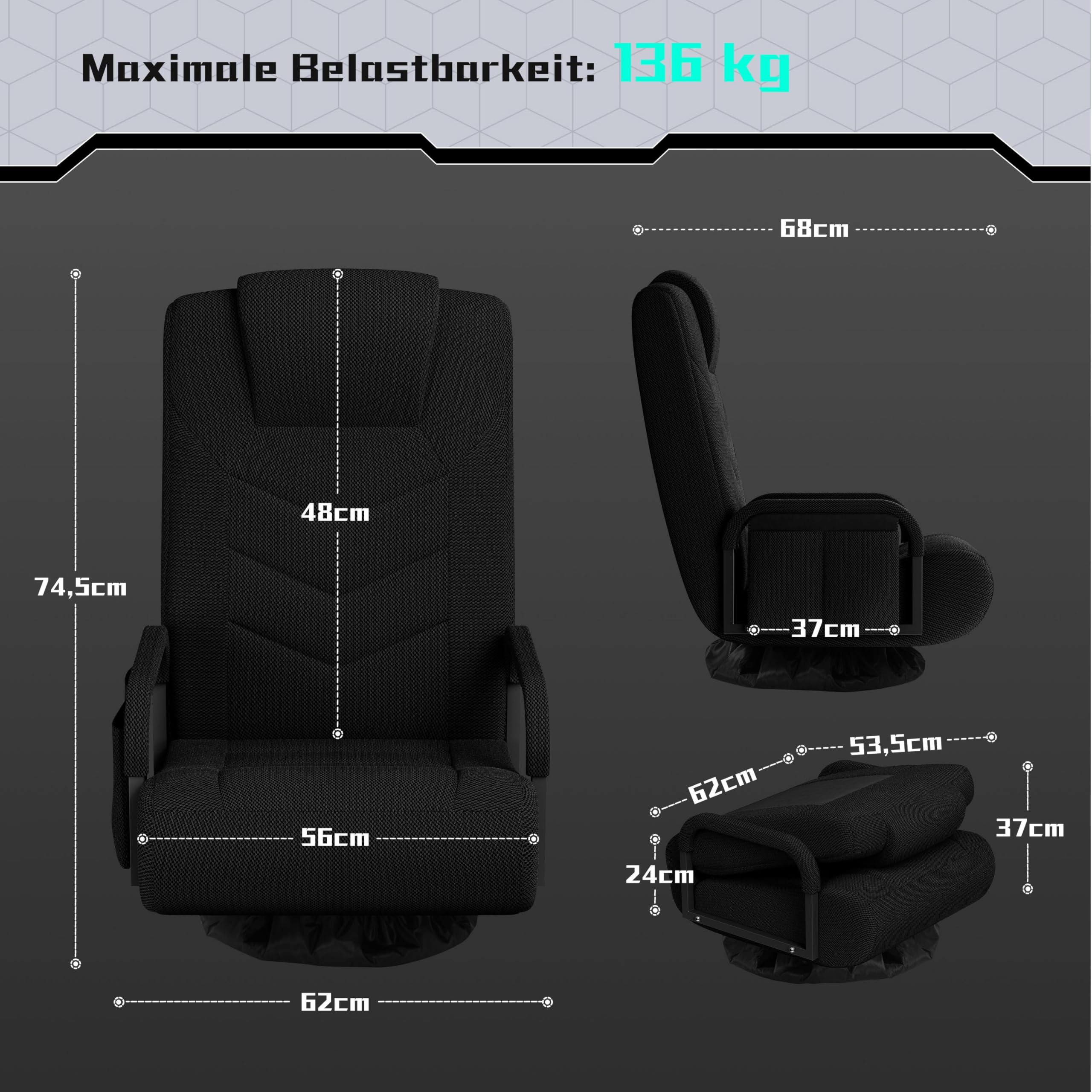 Yaheetech Krzesło podłogowe, obracane o 360°, fotel podłogowy, 6-stopniowa regulacja, krzesło gamingowe z podłokietnikami i praktyczną torbą, sofa podłogowa do salonu/sypialni / biura, kolor czarny