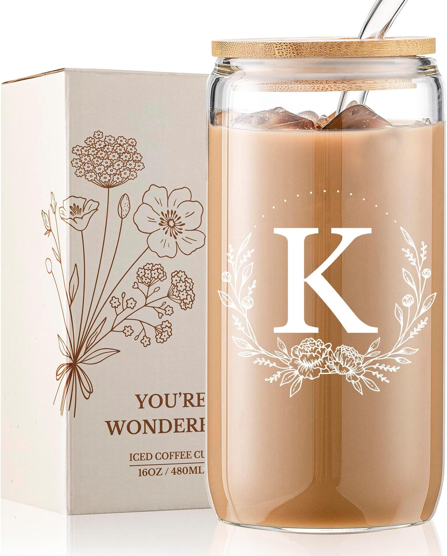 Personalized Gifts for Women, Monogrammed 16oz Glass Cups with Bamboo Lids and Straws, Customized Glass Tumbler, Cute Custom Mug, Customizable Initial Iced Coffee Glasses, Birthday Bridesmaid Mom, K