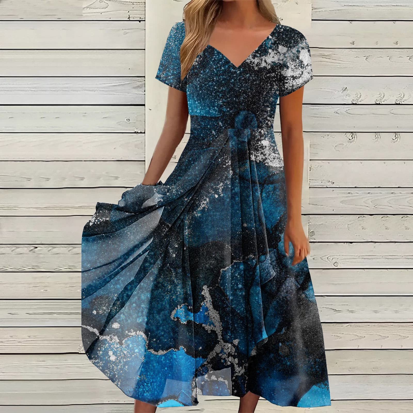 Cocktailkleid Damen Elegant Für Hochzeit Lang Chiffon Elegante Abendkleid Midi Swing Spitze Hoch Taille Chiffonkleid Swingkleid Midikleid Kurzarm A-Line Knielang Sommerkleid Langes Kleid