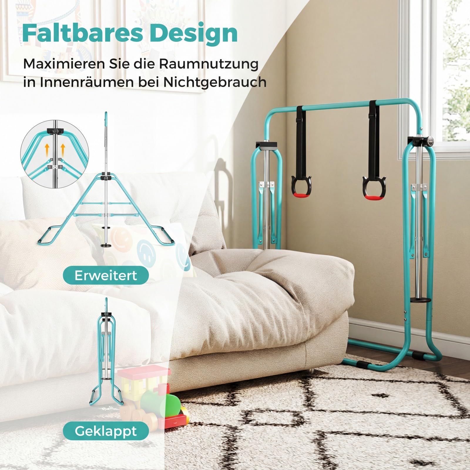 COSTWAY Gymnastikstange Kinder faltbar, Reckstange mit 4 Verstellbarer Höhen & Turnringe, horizontale Turnstange für Indoor & Outdoor, Turnreck erweiterbar für Kinder von 3-12 Jahren