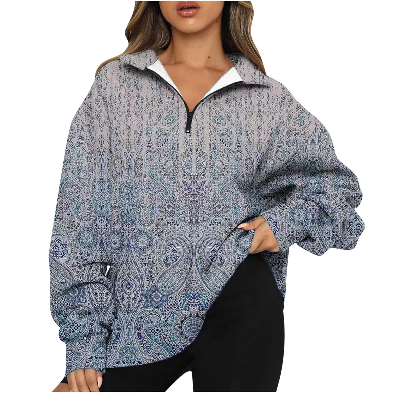 Ganfancp Quarter Zip Pullover Women Casual Long Sleeve V Neck Lapel Collar Half Zip Sweatshirt Loose Fit Oversized Fall Tops