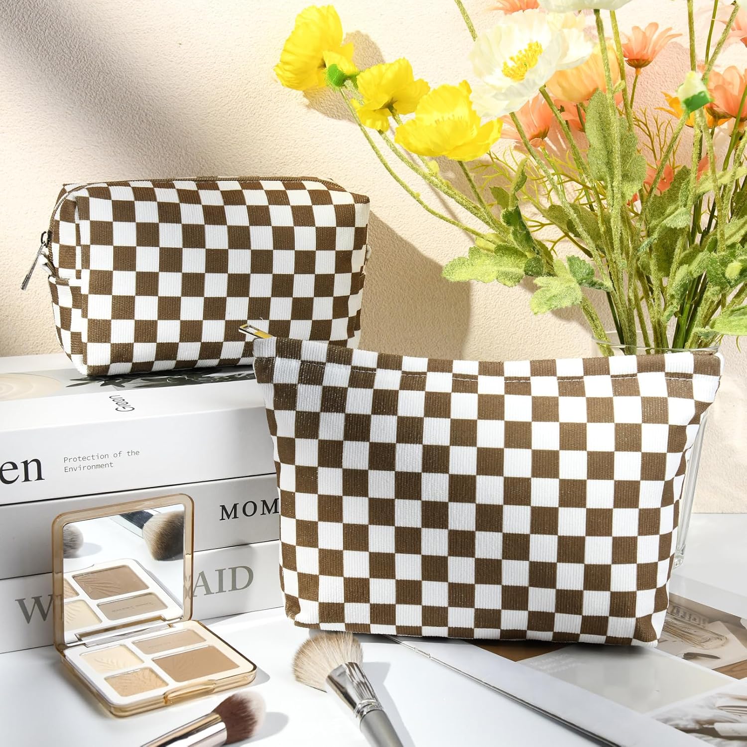 SOIDRAM 2 Pcs Checkered Makeup Bag Large Cosmetic Bag Toiletry Bag Makeup Pouch Travel Bag Organizer Cute Makeup Brushes Aesthetic Accessories Storage Bag for Women Coffee Brown thumbnail
