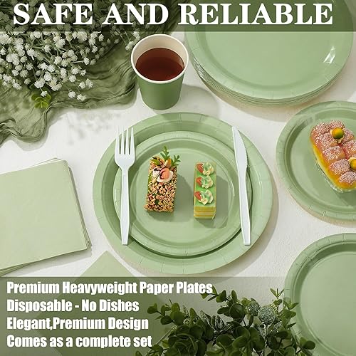 Miniatura 3 de Dandat 400 piezas de suministros de fiesta para 50 invitados, platos de papel verde salvia y servilletas desechables verde salvia, decoraciones de