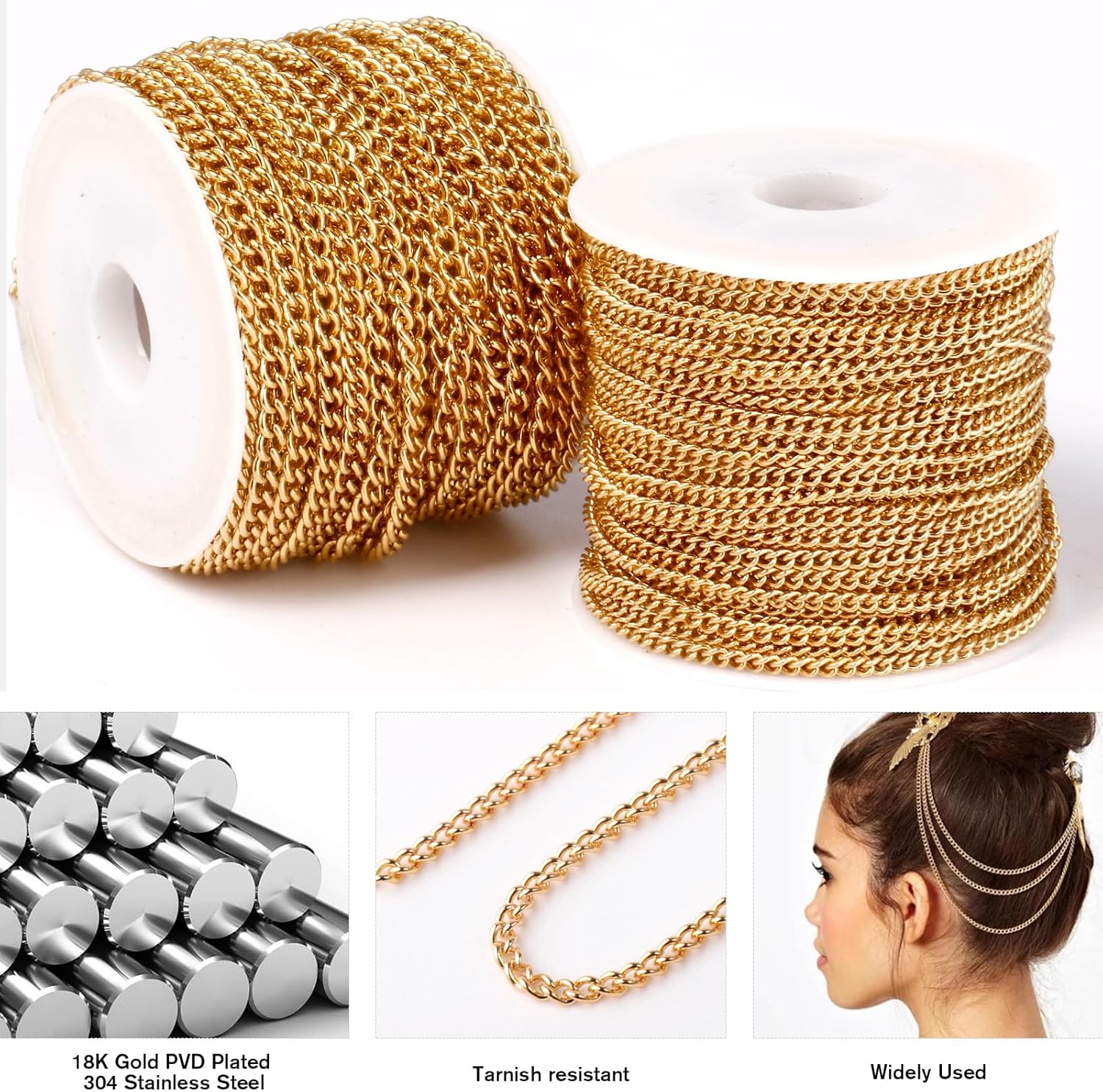 33 Feet 18K Gold PVD Plated Stainless Steel Curb Chain Bulk, 5mm 304 Stainless Steel Flat Twisted Link Chains Roll Spool for Jewelry Making Necklace DIY Craft - Image 3