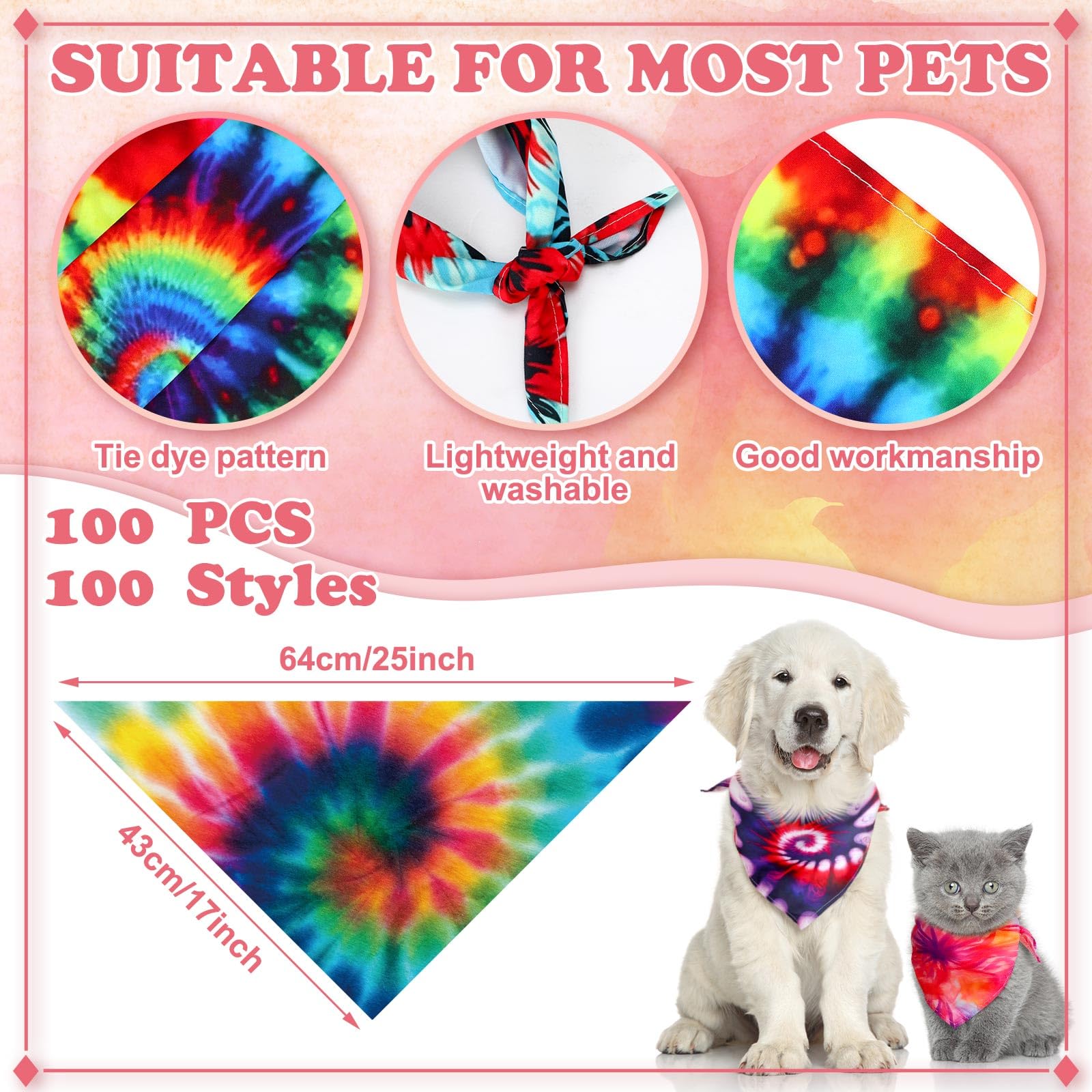 Huhumy Hundehalstücher für mittelgroße und große Hunde, bunt, Dreieckstuch, Haustierhalstücher für Frühling, Sommer, Geburtstag, Kostüm, Dekoration, Batikfärbung, 100 Stück