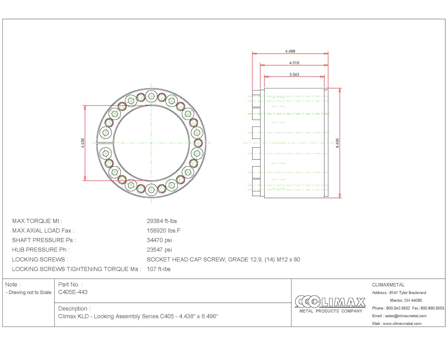 C405E-443 Series 405 Locking Assembly, Steel, 4.44" ID, 4.41" Width, 4-7/16" Shaft Diameter