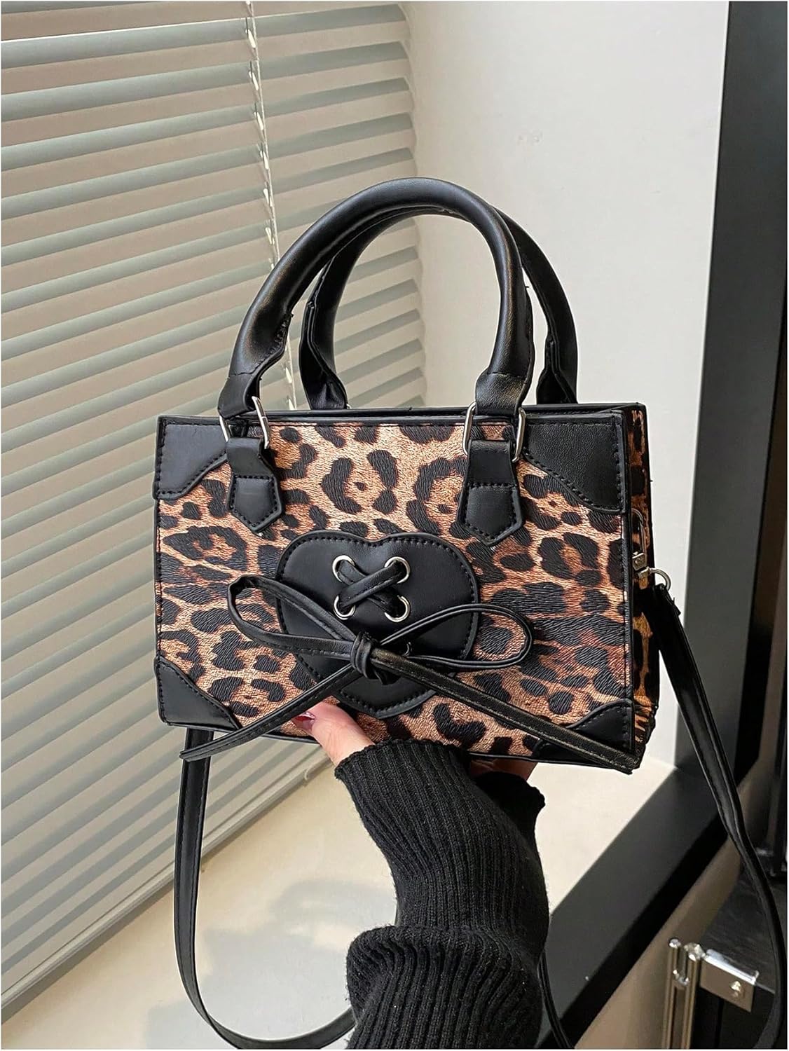 QWINEE Women's Leopard Print Top Handle Satchel Clutch Purse Bowknot Cheetah Square Handbag Crossbody Bag - Image 4