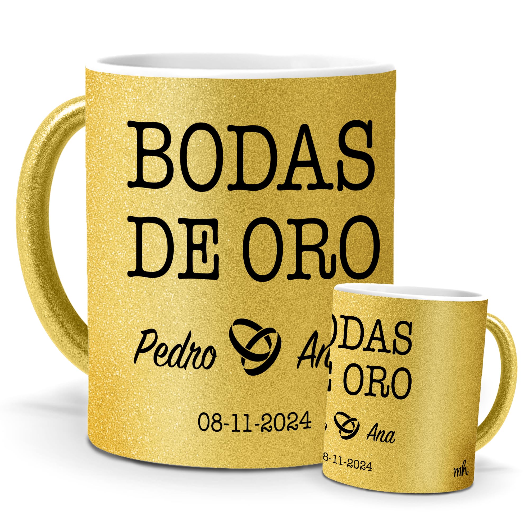 Taza personalizada bodas de oro | Pon los nombres y fecha que quieras | regalo original para celebrar vuestro 50 aniversario de bodas | Cerámica Purpurina oro | Tazas de Café, Té... | 350 ML