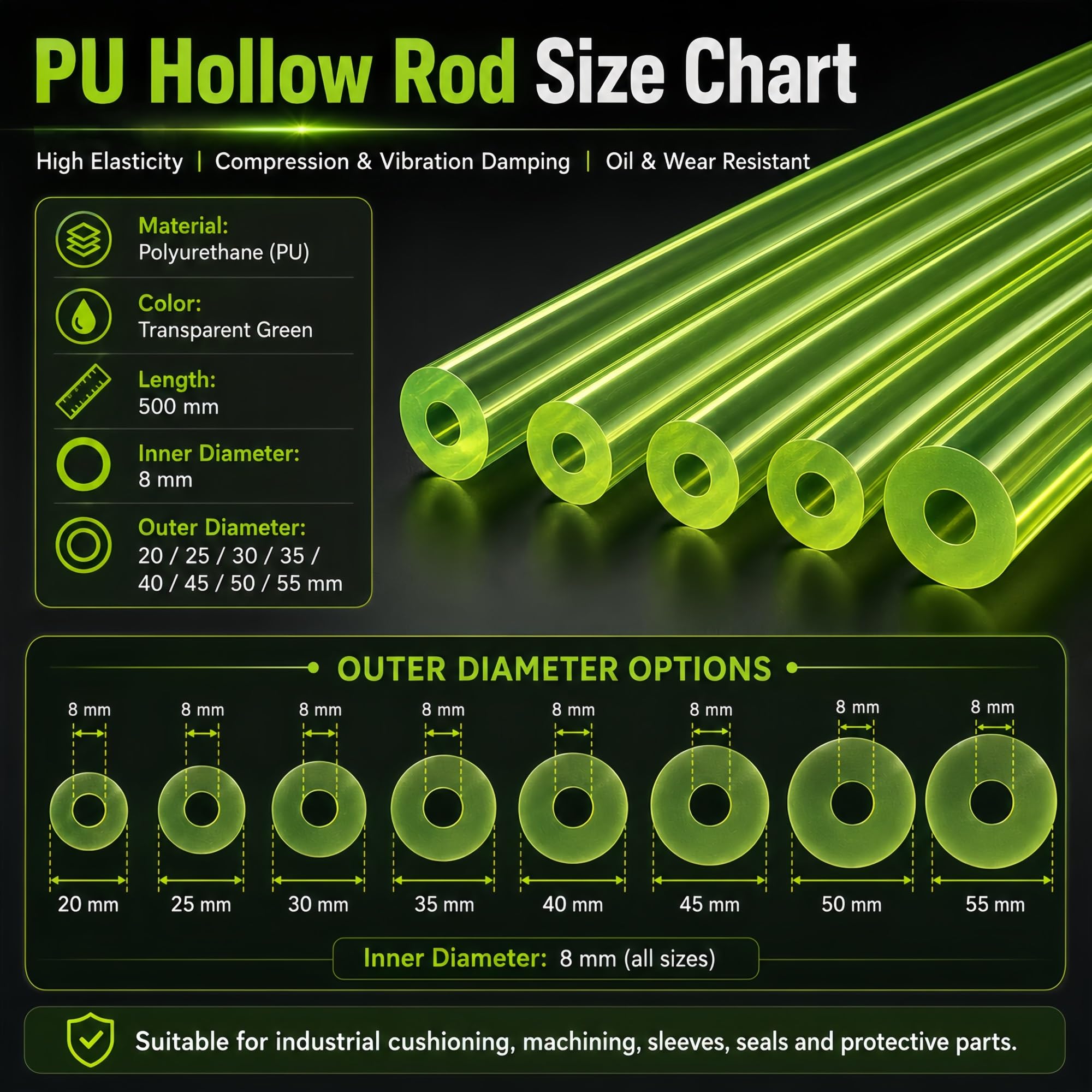 PU-Hohlstab Ø20-50mm, Innen-Ø8mm, 500mm, Grün Elastischer Gummistab