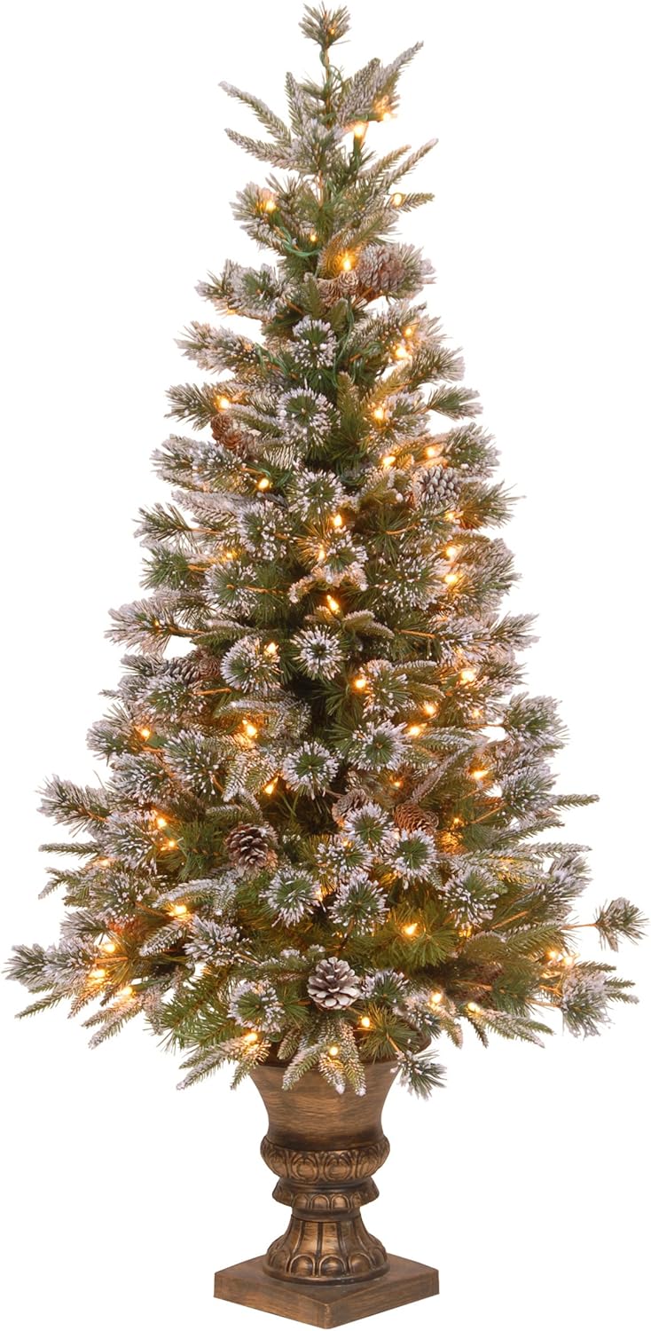 National Tree 4 Foot "Feel Real" Liberty Pine Entrance Tree with Snow, Cones and 100 Clear Lights in Decorative Urn (PELB7-306-40)