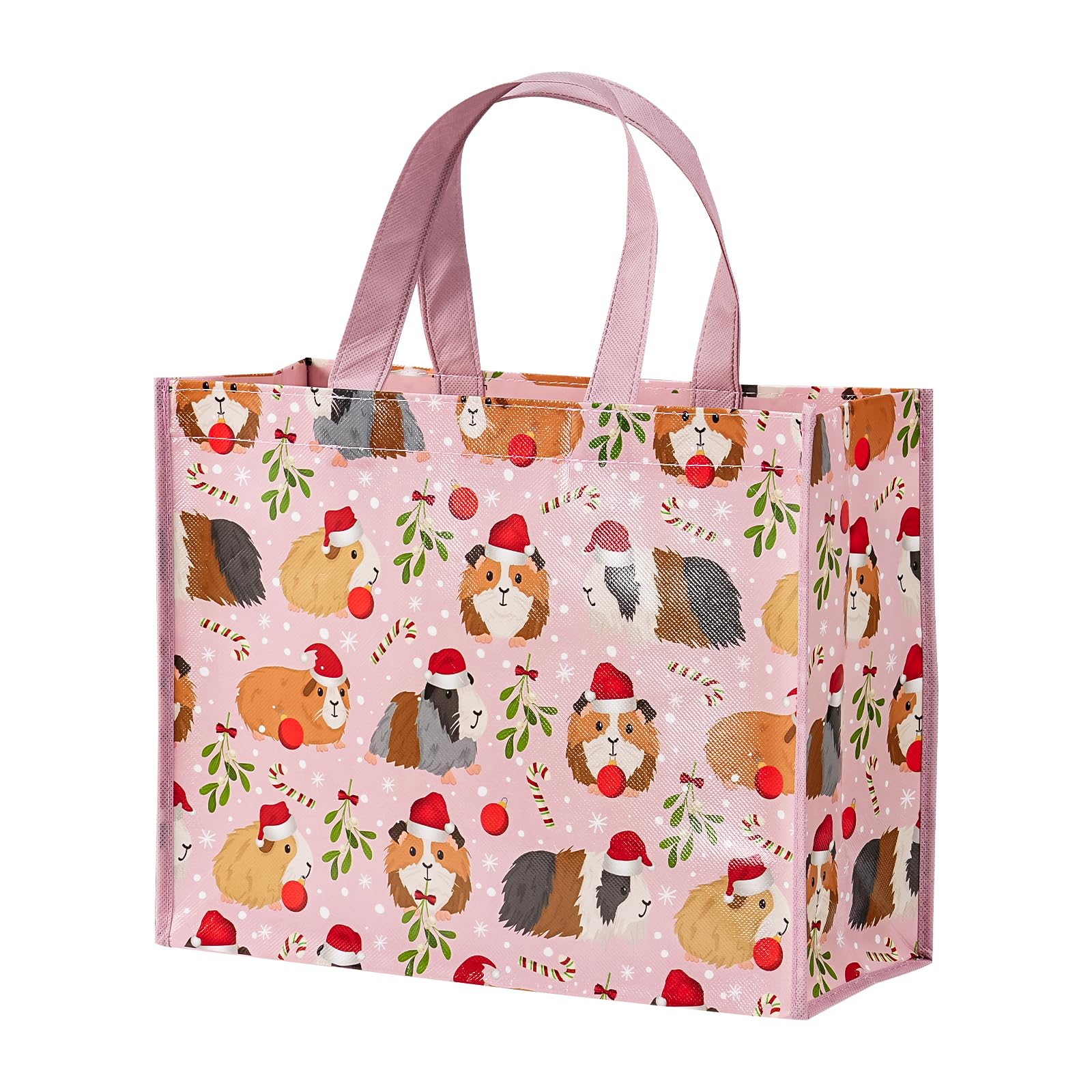 Loveinside Large Guinea Pig Christmas Reusable Gift Bag with Handles - 10 x 5 x 13 inch - Santa Hat Pink Guinea Pig Design Gift Bags for Christmas, Holiday, Party Celebration — image 1