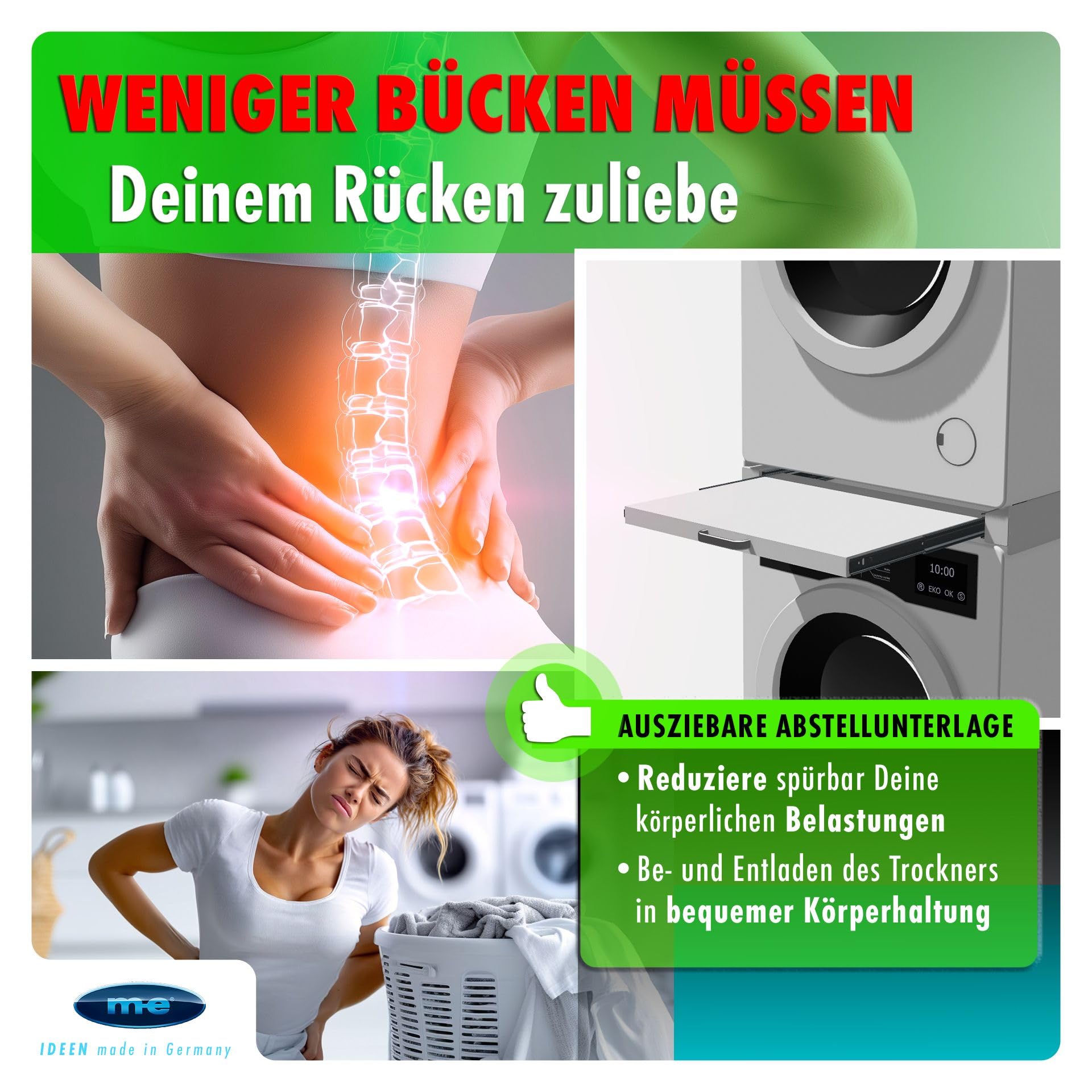 m-e ZR-56 Zwischenbaurahmen für Trockner & Waschmaschine – Verbindungsrahmen mit Ablage – stabil stapeln & fixieren – Waschmaschine-Trockner-Verbindung für 60 cm Geräte, 100% Metall