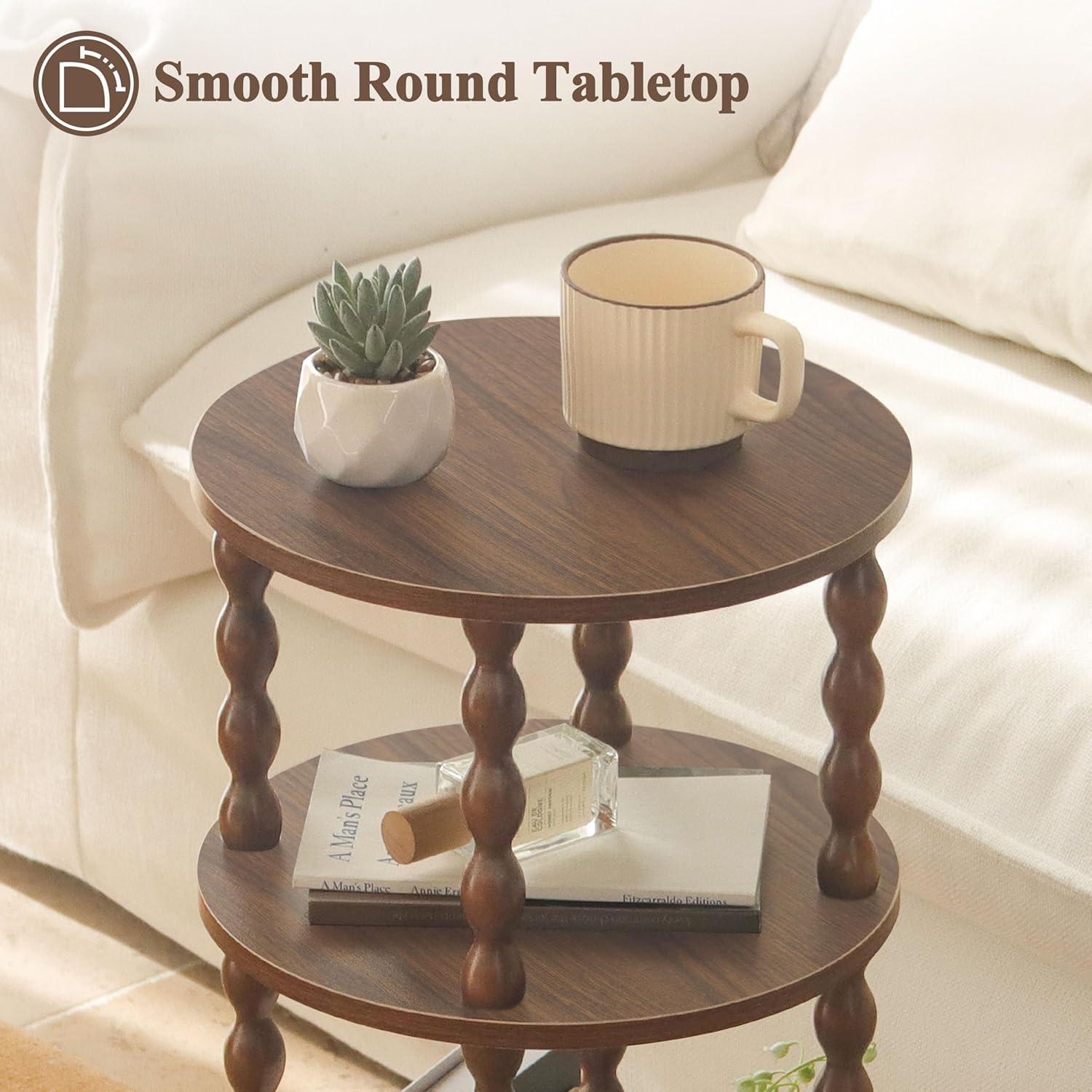 AWASEN Small Round End Table, Round Side Table with 3-Tier Open Shelf for Small Spaces, Wood Accent Table Nightstand for Bedroom, Living Room, Office, Walnut Brown
