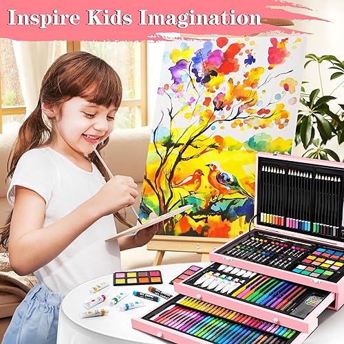 Miniatura 23 de Suministros de arte, juego de arte de madera de lujo de 185 piezas, kits de arte profesional con 2 libros de bocetos, crayones de colores, lápices