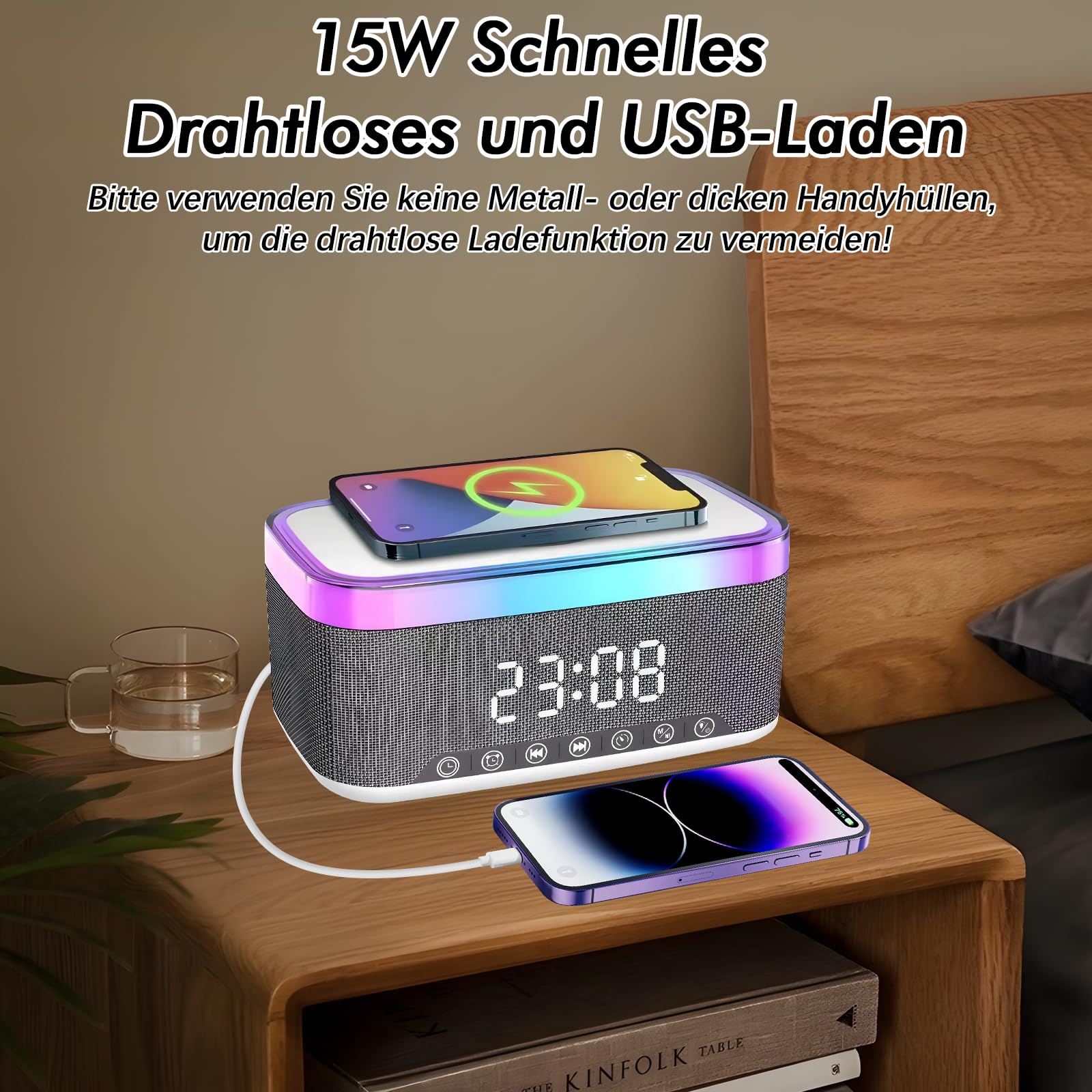 Radio wecker Digital mit Ladestation, 15W Fast Wireless Charger, Digitaler Radiowecker mit Bluetooth Lautsprecher, 13 LED-Leuchten, USB-Kabelloser Ladegerät, FM-Radio, Smart Wecker mit ladefunktion