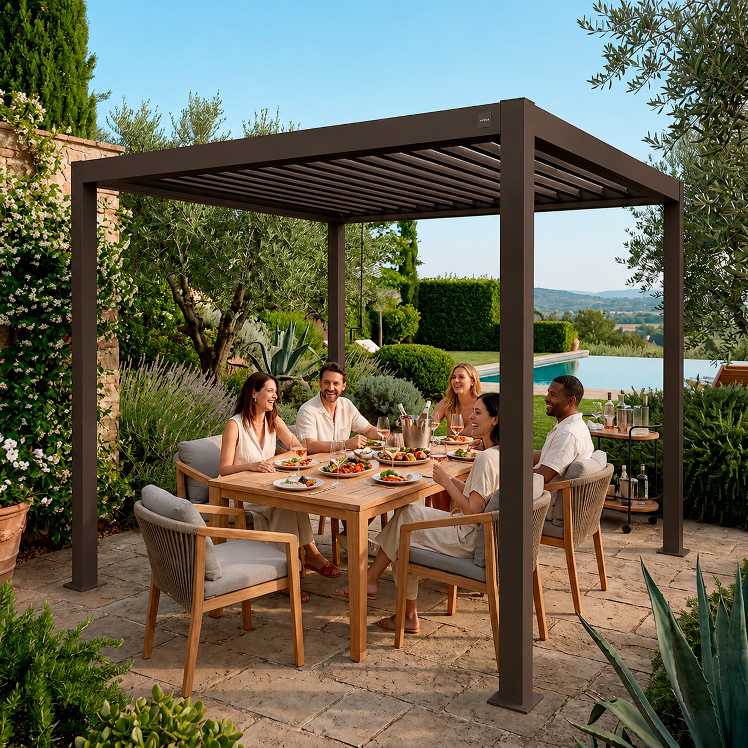 Pergola Bioclimatica 3x4 Metri Gazebo Con Copertura A Lamelle Orientabili Sistema Di Drenaggio Struttura In Alluminio E Acciaio Anti UV Per Giardino Terrazza E Piscina Marrone Opaco
