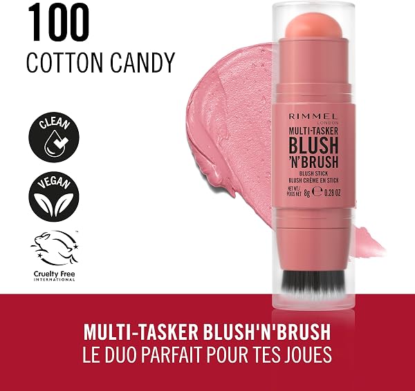 Rimmel Rimmel Multi-Tasker Blush'N'Brush Stick, Colour Modular, Water-Resistant, Integrated Brush, Easy Application, 8 g, 100 Cotton Candy in use