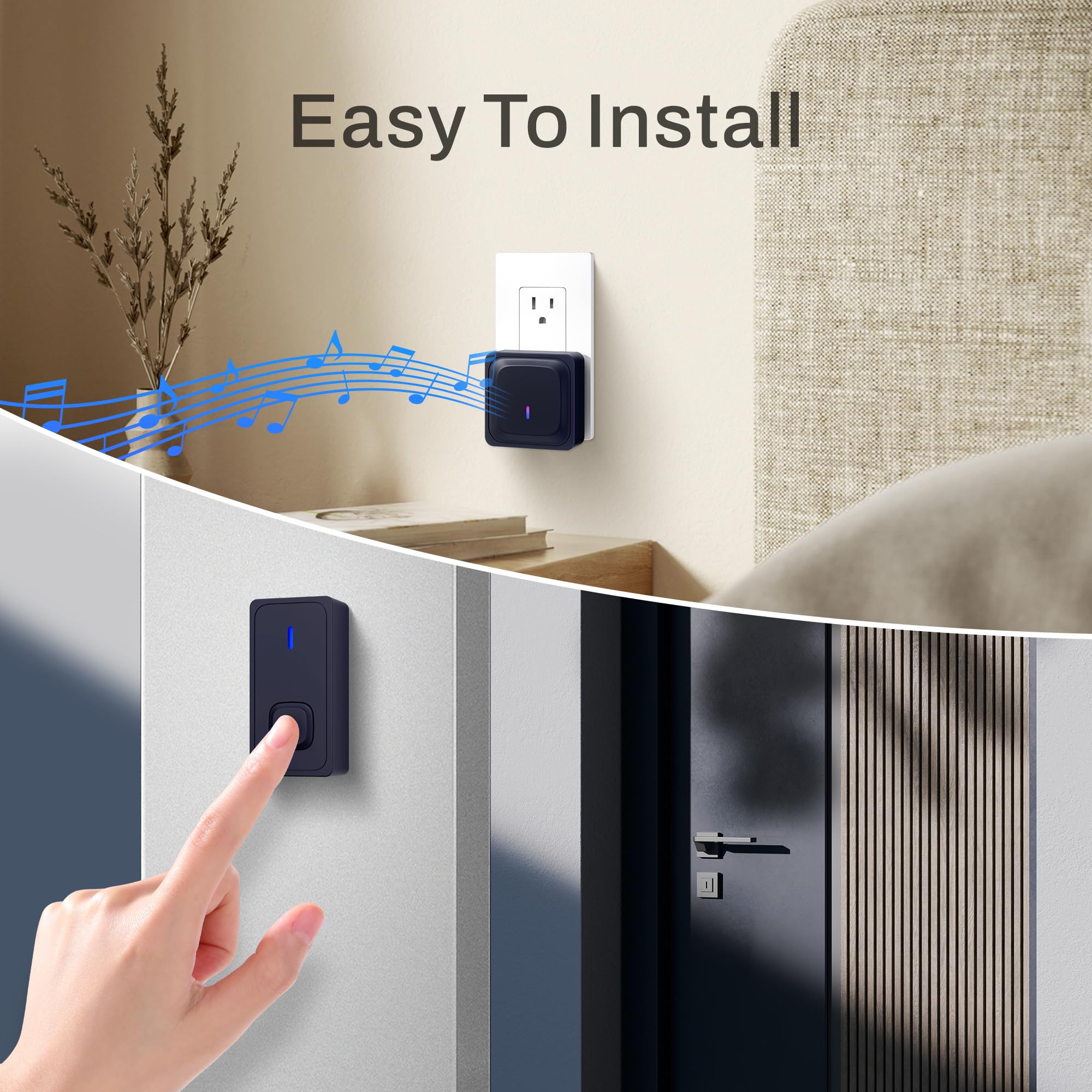 BN-LINK Timbre inalámbrico para el hogar con 2 receptores, mini timbre para garaje, botón de timbre montado en la pared para apartamento, dormitorio, aula, habitación de los niños (negro)