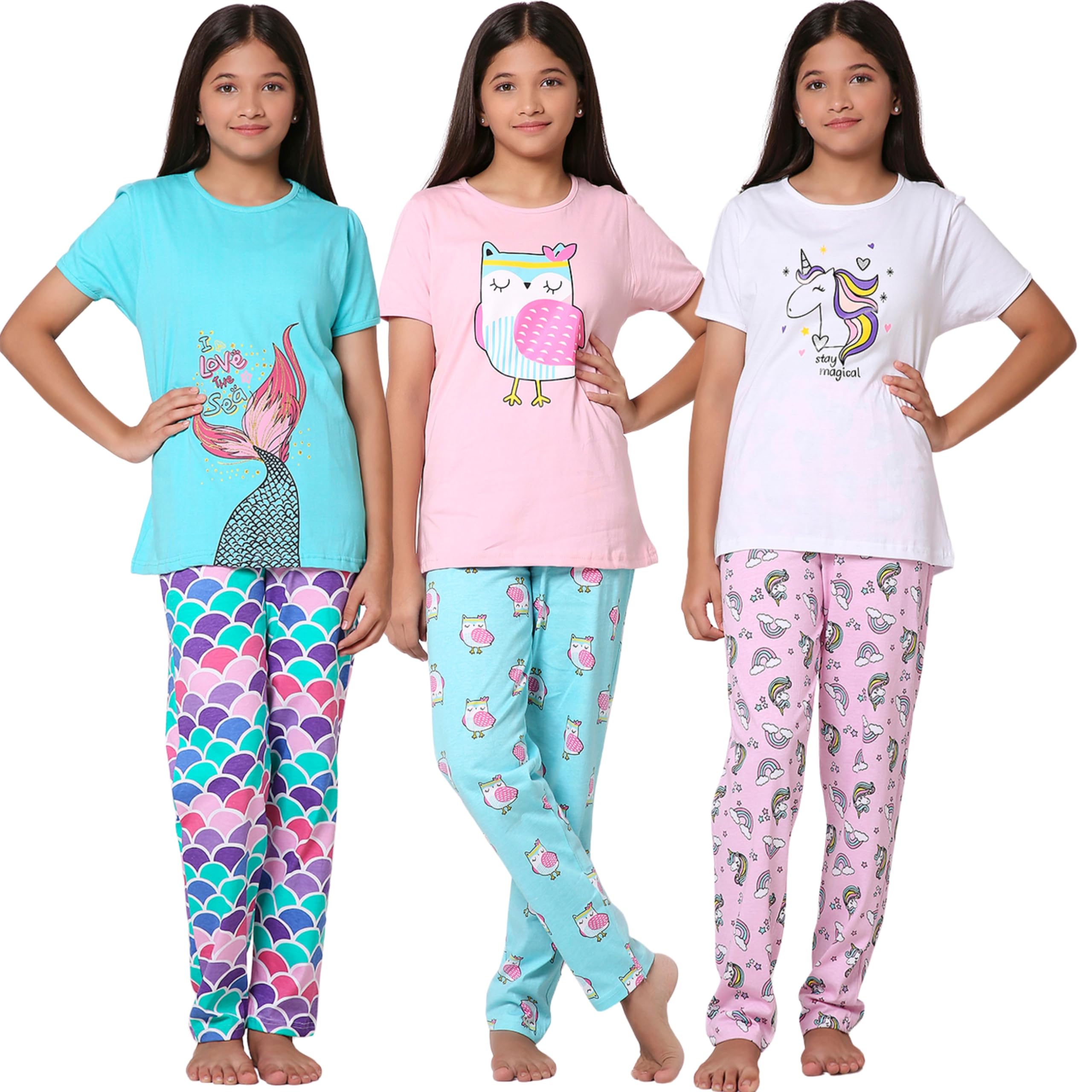 TotzTouch Night Dress for Kids Girls | Animal Printed T-Shirt & Pajama Set Combo Pack