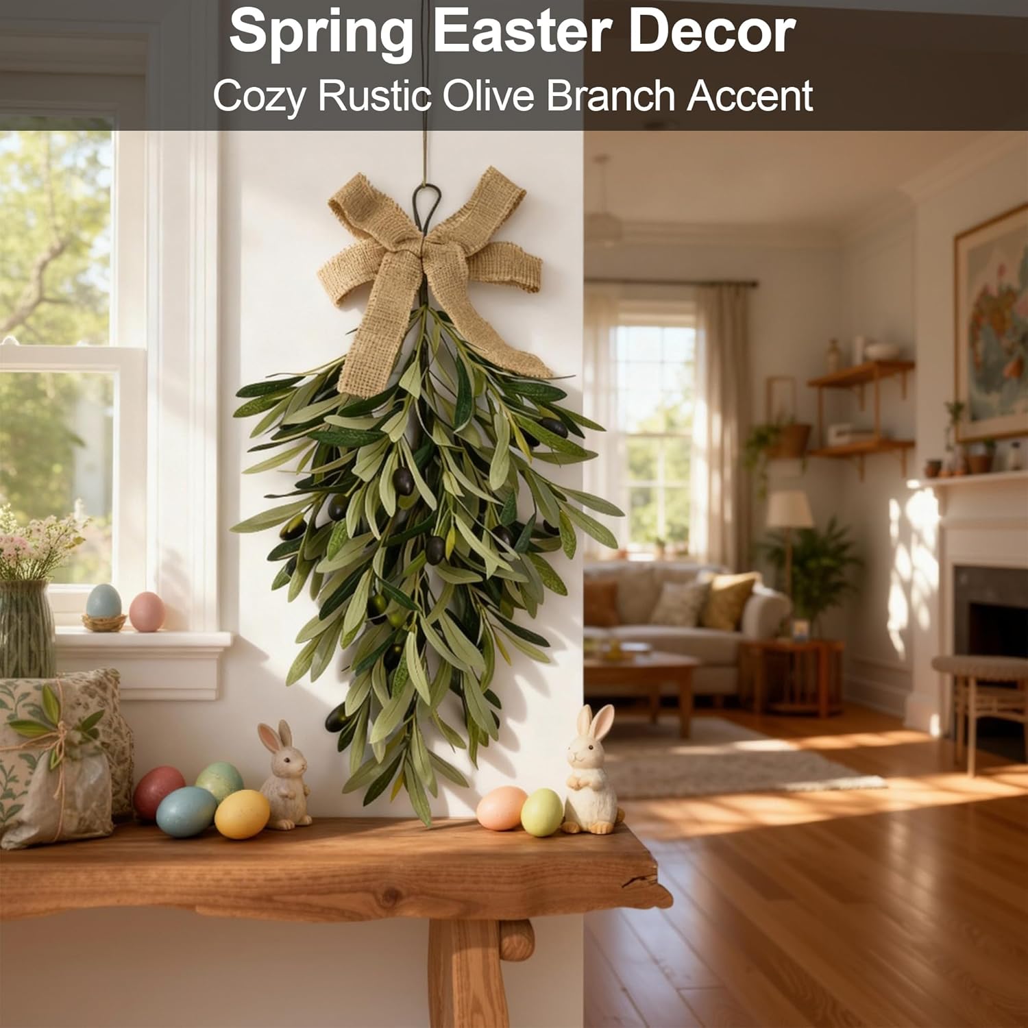 Spring Olive Branch Teardrop Swag, Extra Full & Thick Faux Greenery with Upgraded Ribbon & Textured Leaves