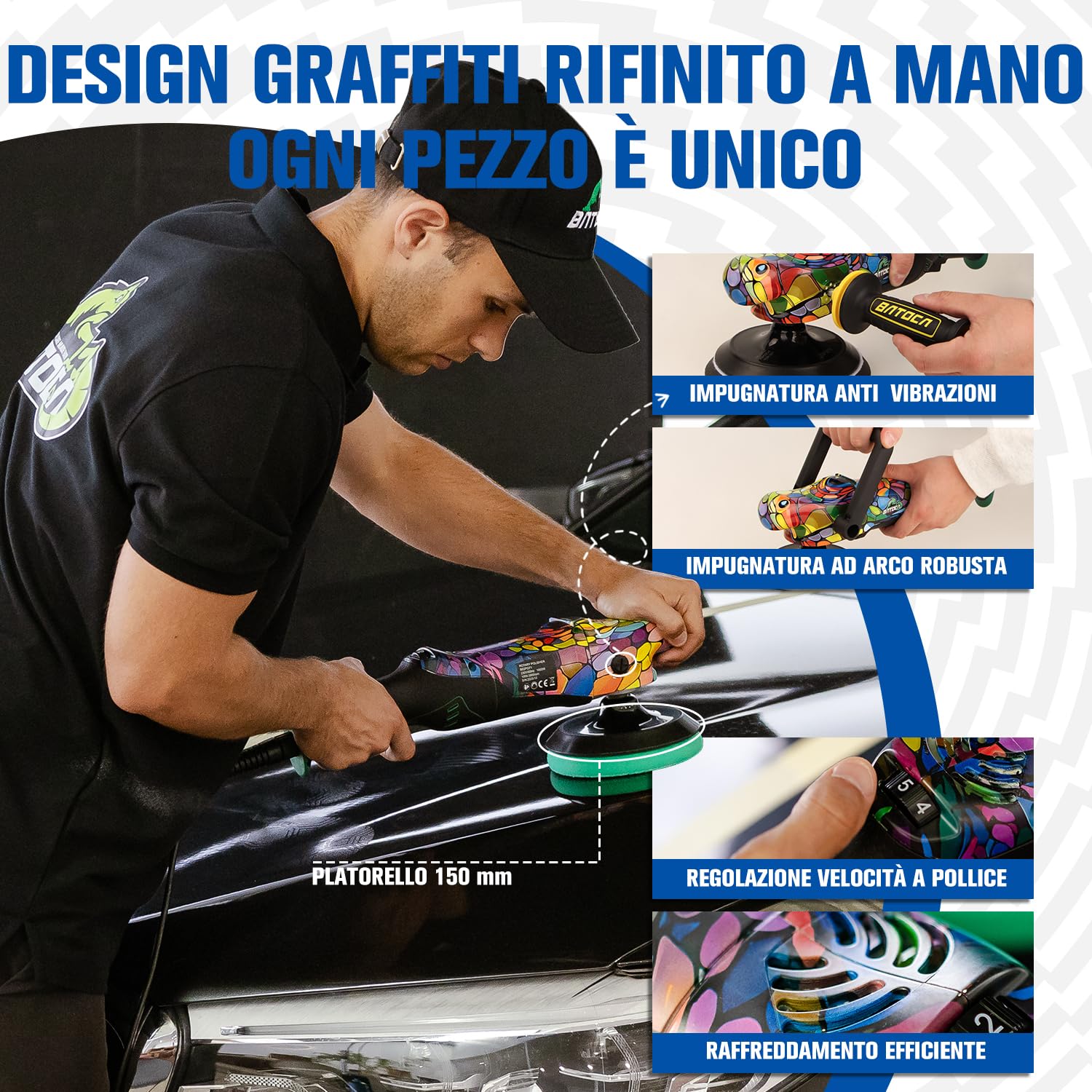 BATOCA P2 Lucidatrice Auto 1000W Alta Coppia - Rotativa 150mm Professionale Correzione Vernice - Basse Vibrazioni, Cavo Rimovibile 8m, 6 Velocità 1000-3800 giri/min - Barca, Camper, SUV