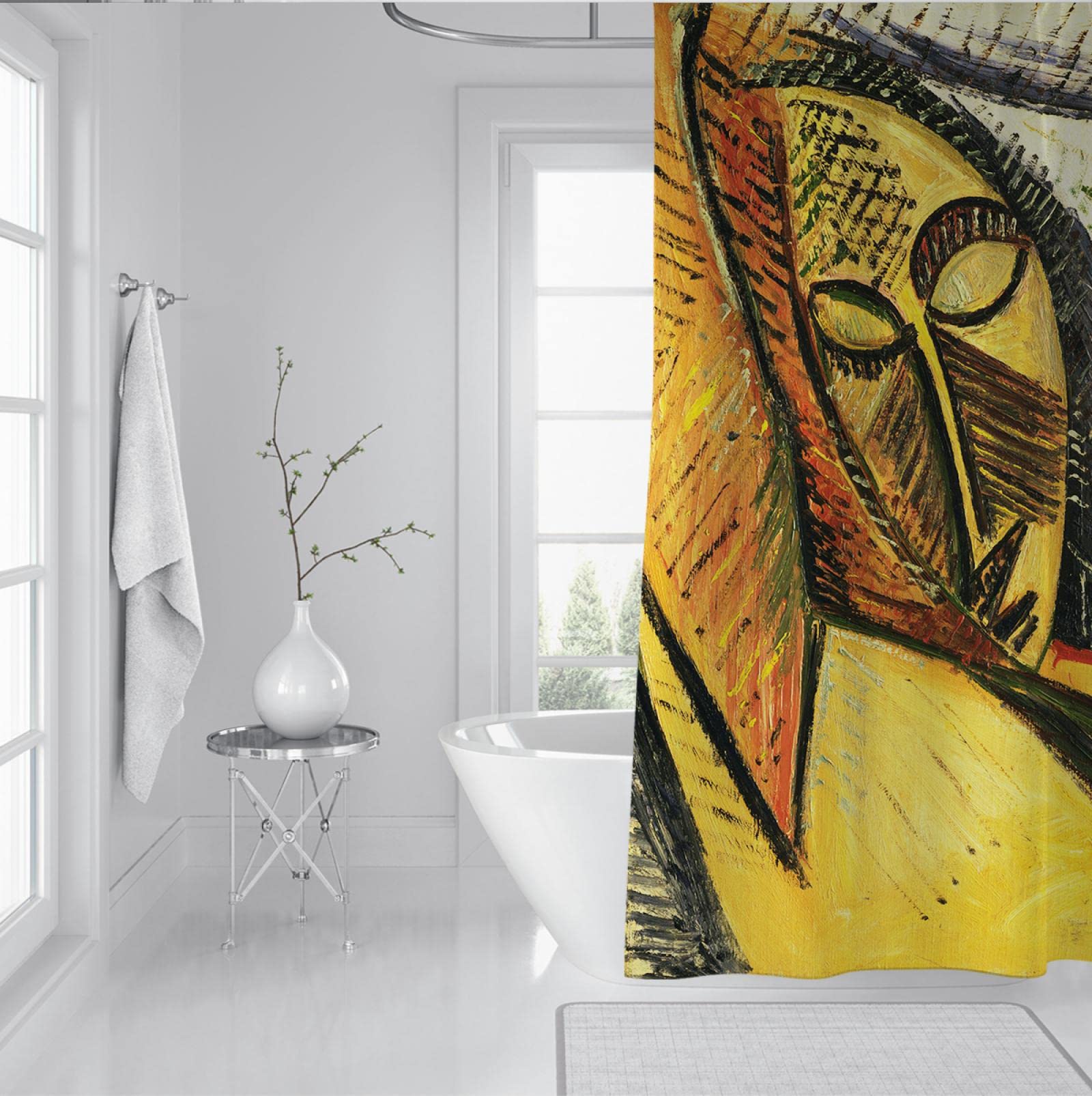 Picasso Set di tende da doccia da bagno Set di tende da bagno di design impermeabile con 12 ganci tende da vasca astratte Qualità dell'hotel Giallo W280xL200cm