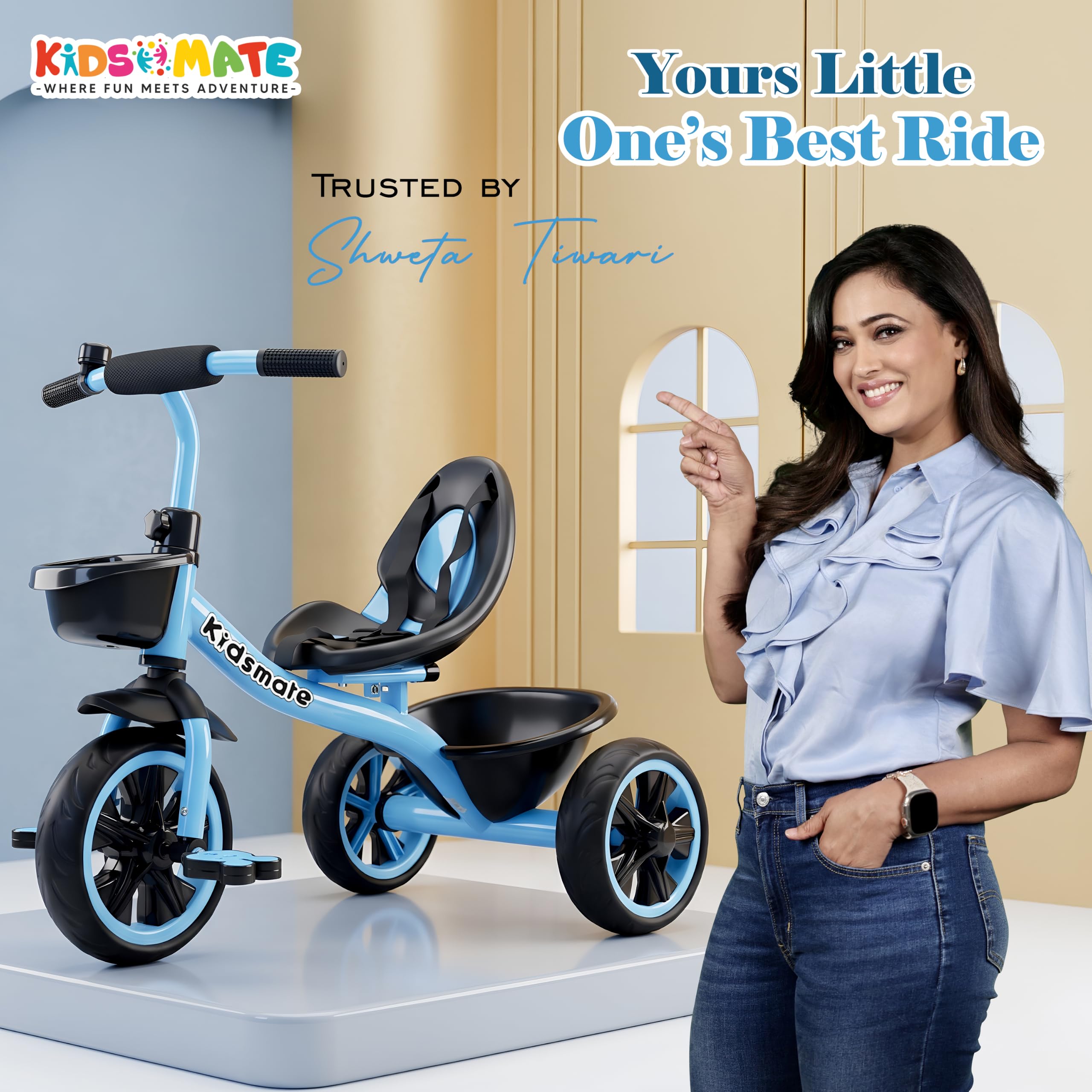Kidsmate Zoom Trike Cycle for Kids 2-5 Years | Tricycle for Kids | Tricycle for Boys & Girls | Baby Cycle with Anti-Skid EVA Wheels, Bell, Front & Rear Basket, Comfortable Seat | 30kg Capacity - Blue — Amazon image 9