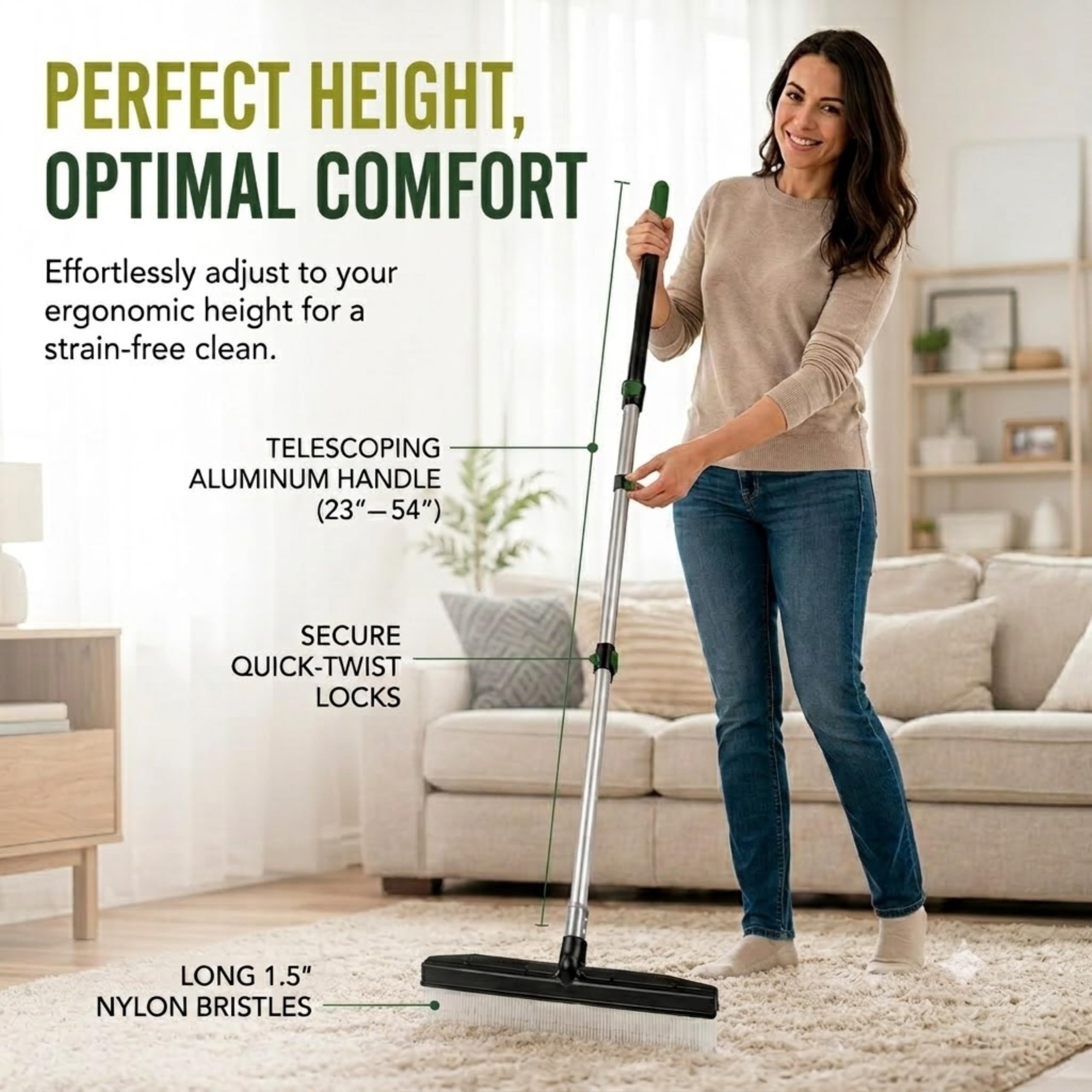 Râteau à Tapis et toiletteur avec poignée télescopique réglable de 137 cm, Design Portable, Brosse à Moquette, idéale pour Les Poils d'animaux, Les Tapis à Poils Longs, Les Tapis et Le Gazon