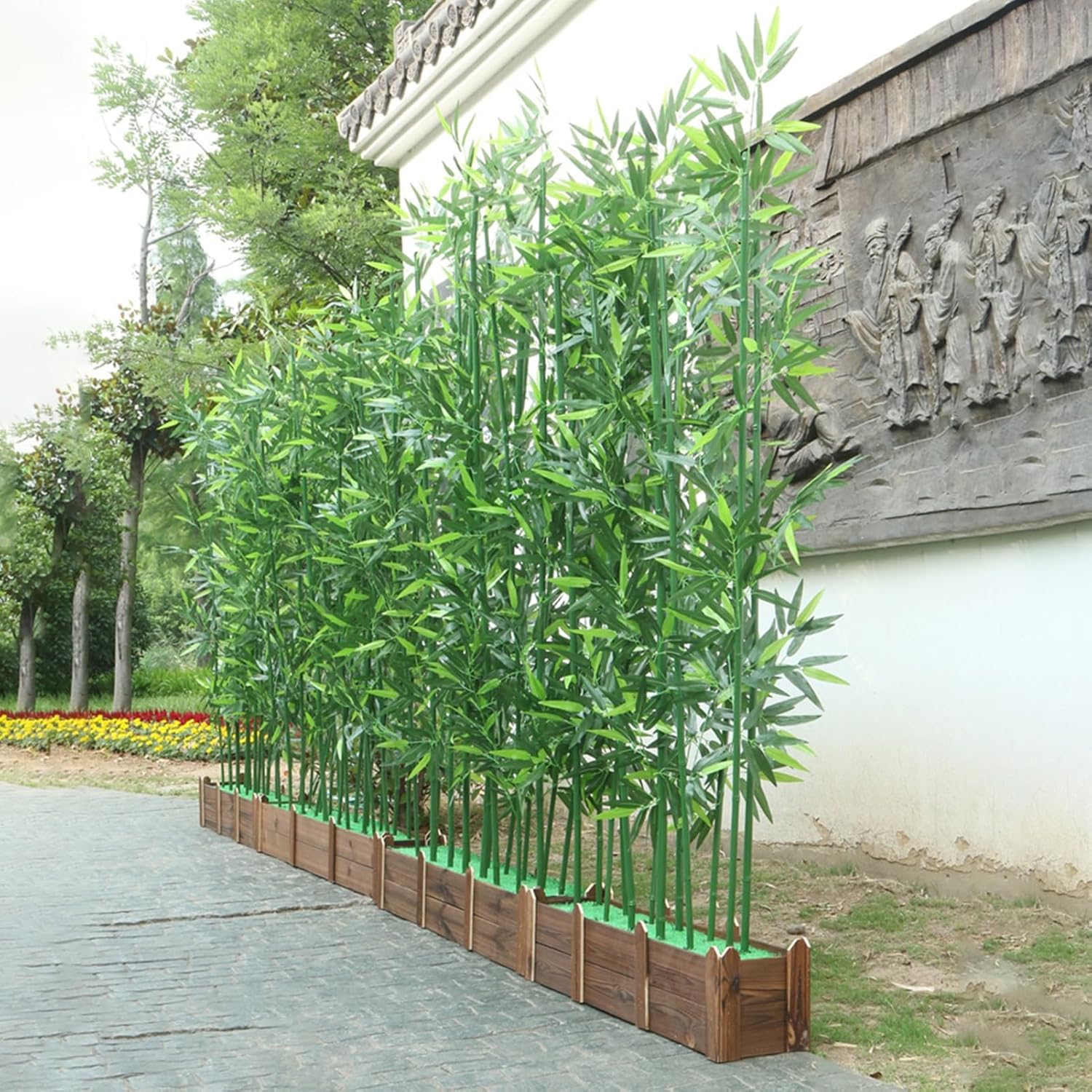 Greenery Wall Artificial Plant, Faux Bamboo Tree Privacy Fence with Wooden Base