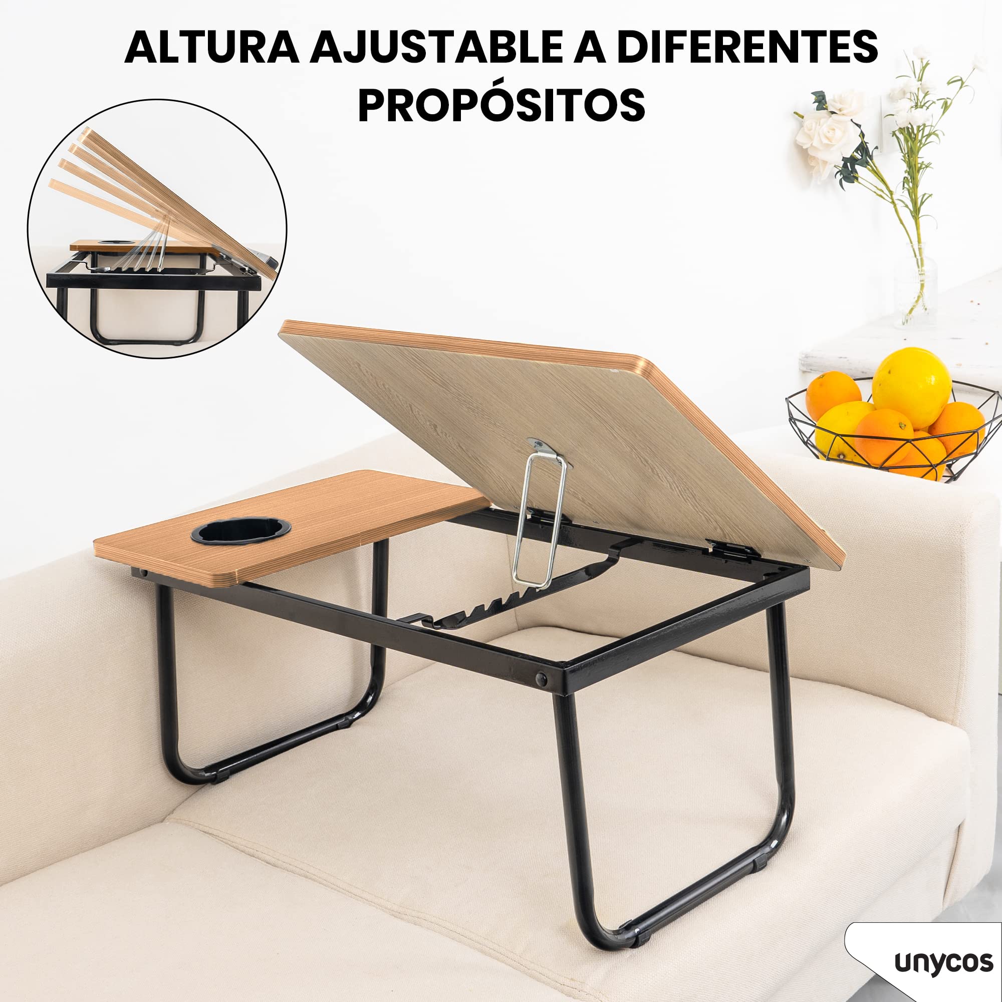 unycos - Bandeja para Cama y Sofá Reclinable, Mesa Plegable de Desayuno con Portavasos para Ordenador Portátil y Libros, Mesita Auxiliar en MDF/Acero/Plástico 56x33x23cm | 22,04" x12,99 x9,05 (Nuez) — view 5