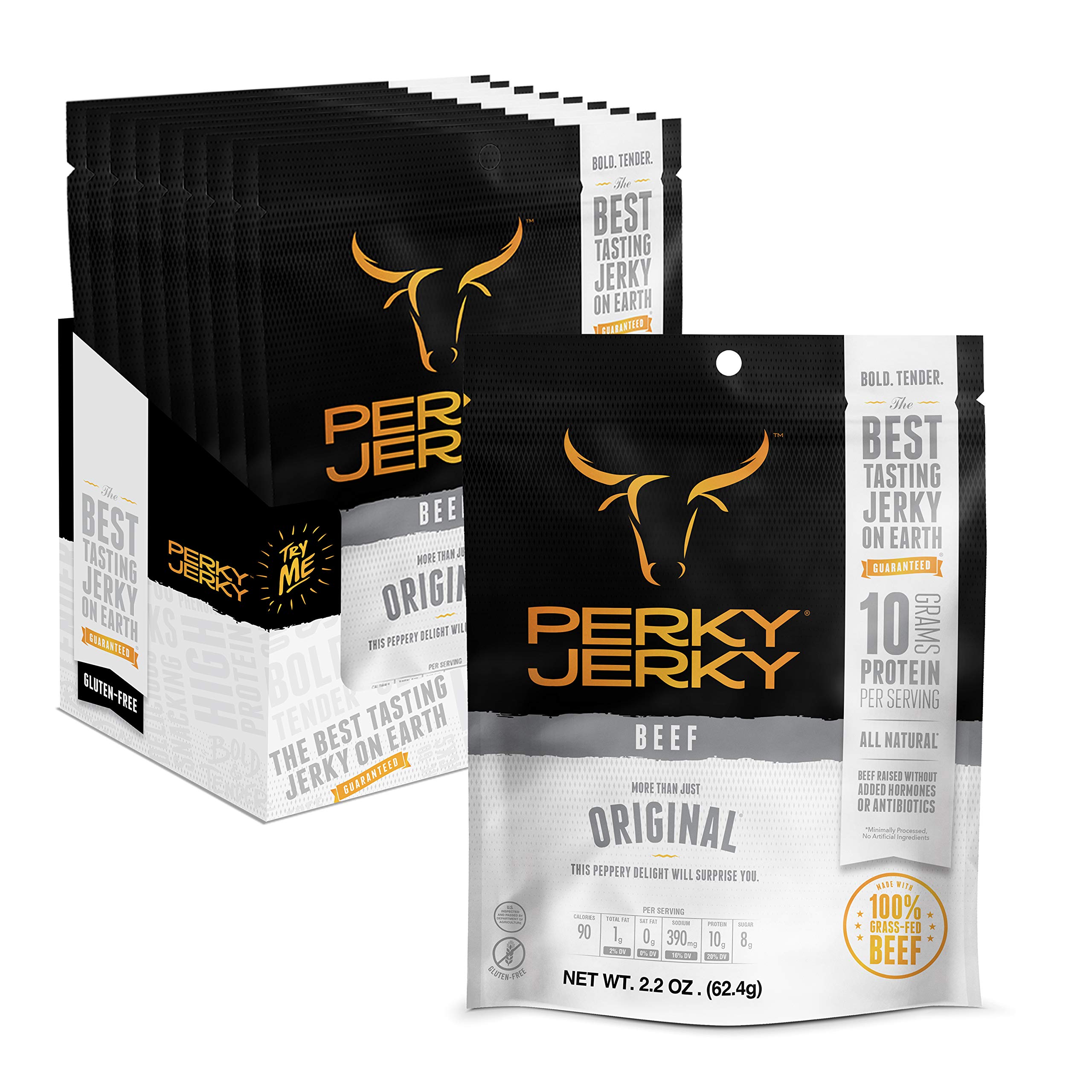 Perky JerkyOriginal 100% Grass Fed Beef Jerky, 2.2oz (Pack of 12) | Antibiotic Free | 10g Protein Per Serving | Low Fat | Tender Texture and Bold Flavor