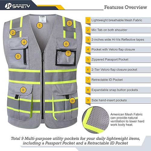 Miniatura 7 de JKSafety Chaleco de seguridad de malla de alta visibilidad con 9 bolsillos para hombres y mujeres, chaleco reflectante de seguridad, cremallera