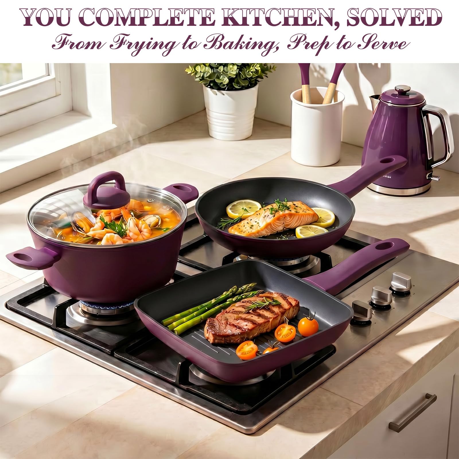 Pots and Pans Set Nonstick, Umite Chef 31-Piece Induction Cookware & Bakeware Set with Frying Pans, Saucepans, Casserole, Steamer, Baking Set & Utensils, PFAS-Free Kitchen Starter Set (Purple) view 9