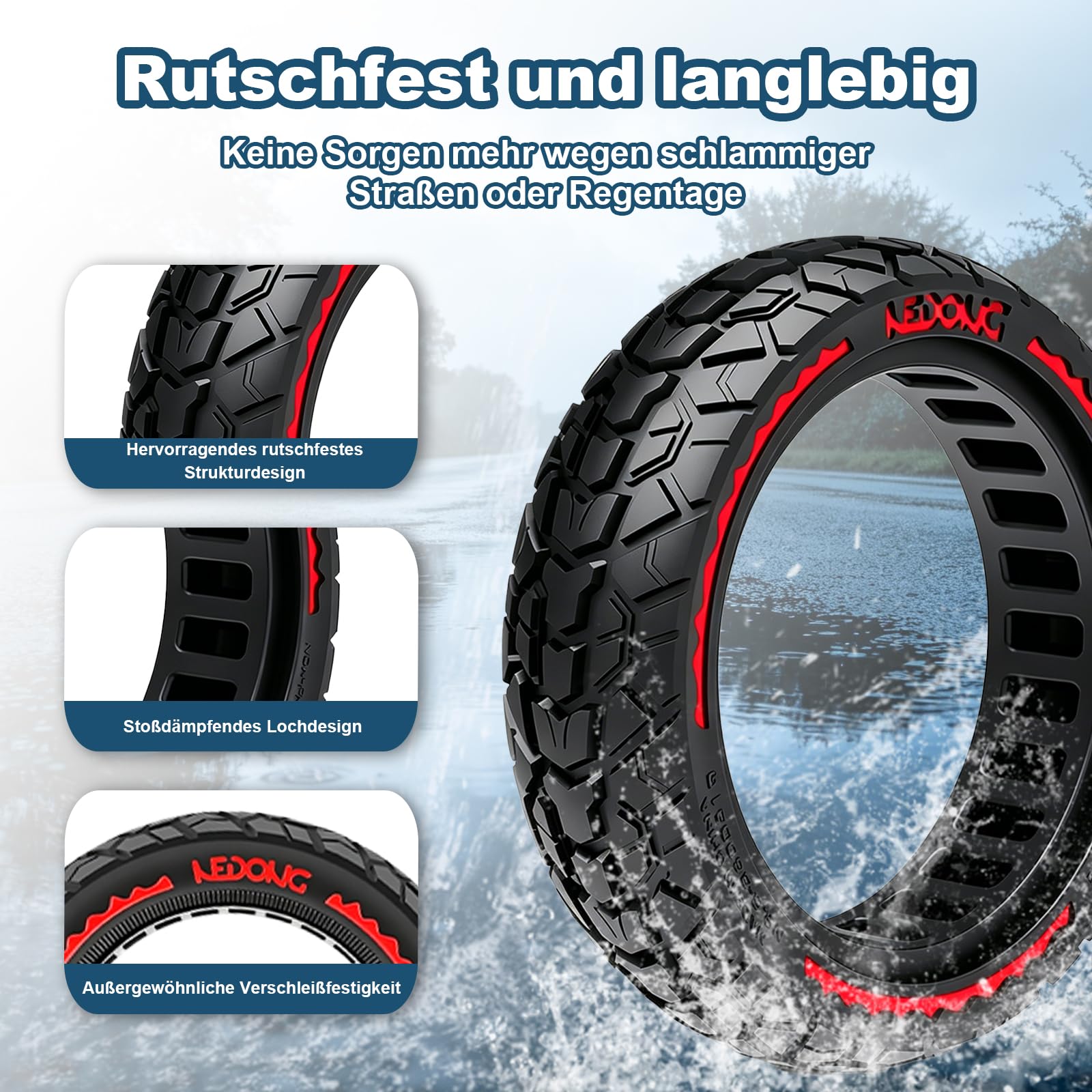Pneu solide 60/70-6,5 10 x 2,50 en caoutchouc pour scooter Ninebot Max G30/G30 D2/F2 Pro D/Xiaomi 5/5 Pro/5 Max E Scooter 10" Anti-crevaison Antidérapant Résistant à l'usure (rouge)