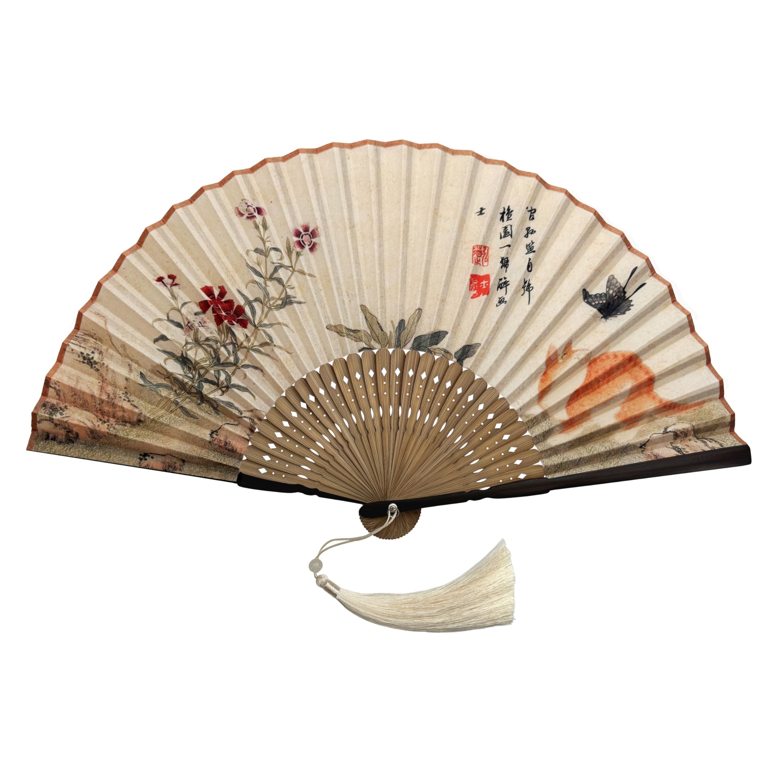 Fansof.fans Women's Garden Harmony Vintage Artwork Printed Premium Silk Fabric Handheld Folding Fan With Grade A Bamboo Ribs For Girls Event Birthday Wedding Favour With Tassel And Pouch (Garden Harmony)