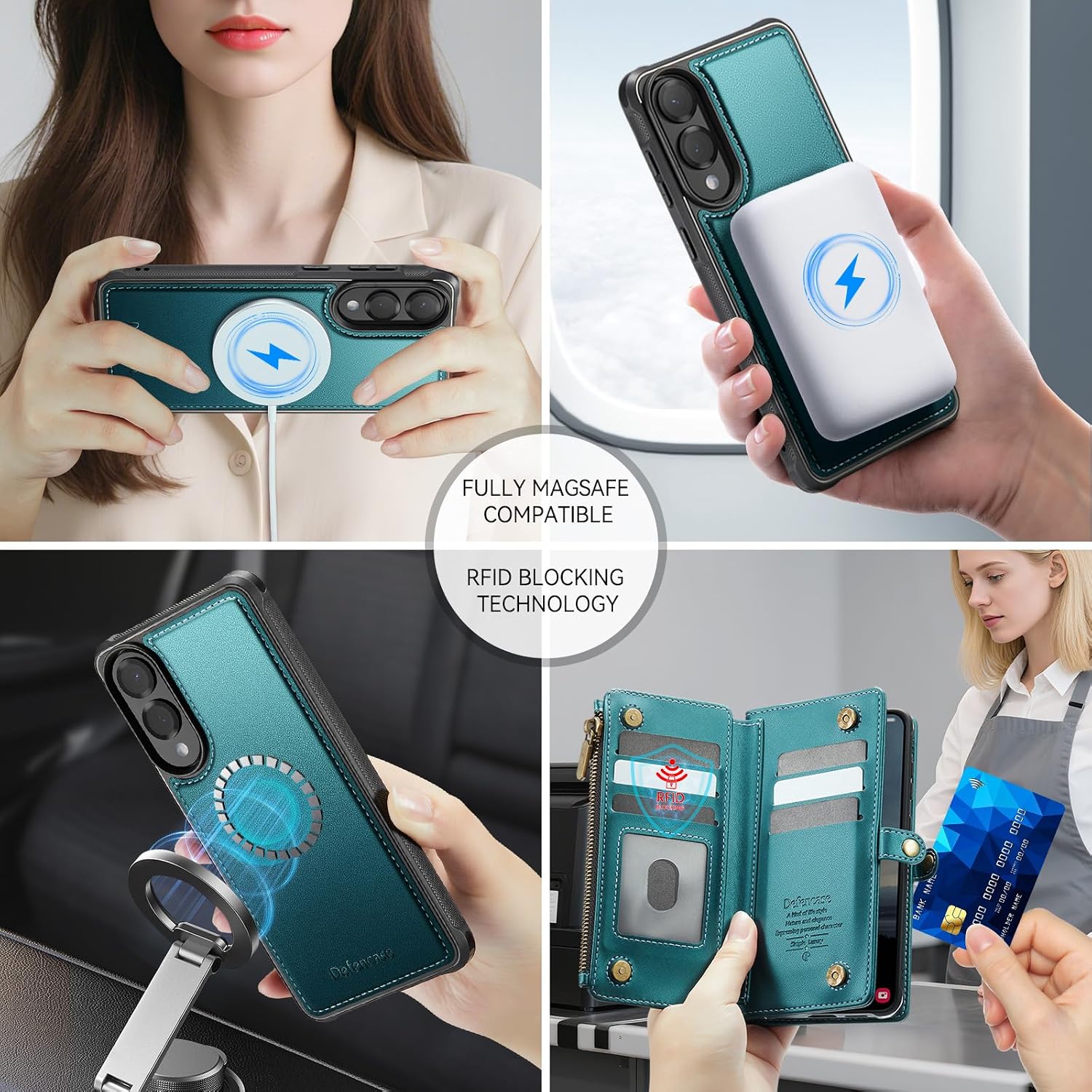 Defencase for Samsung Galaxy S25 Edge Magnetic Wallet Case Compatible with Magsafe with RFID Blocking Zipper & Card Holder Women, PU Leather Detachable Phone Case for Galaxy S25 Edge 6.7", Blue Green