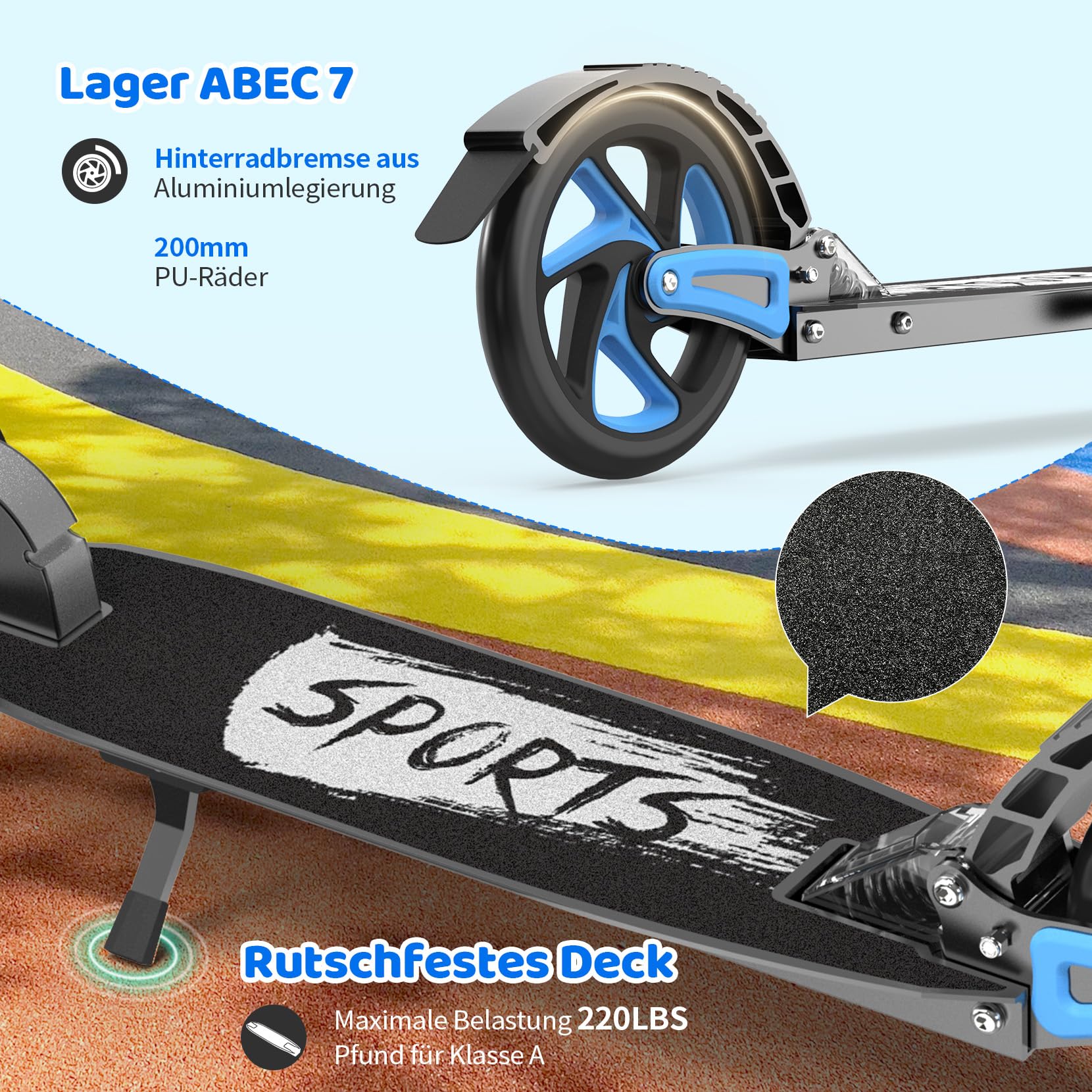 TONBUX Roller Kinder 6 7 8 9+Jahre,Aluminium Scooter Erwachsene,Cityroller Doppeltes Federungssystem, Höhenverstellbar&Klappbar Tretroller,Kickscooter bis 100kg Belastbar