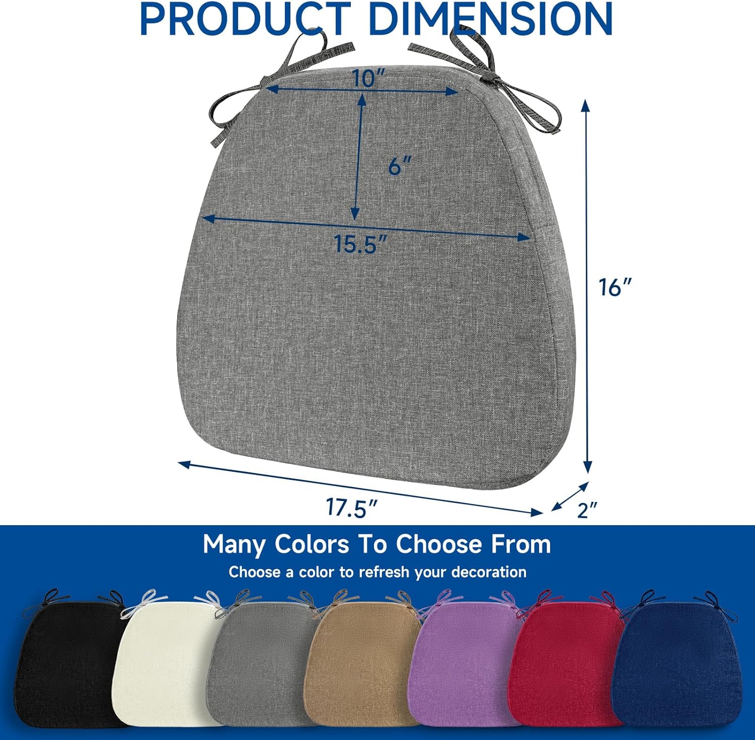 D-Shaped Chair Cushions for Dining Chairs, 2" Thickened Kitchen Seat Cushion with Removable Cover Anti Slip Indoor Chair Cushions for Dining Room/Kitchen Room, 17.5"×16"×2", Set of 2, Grey