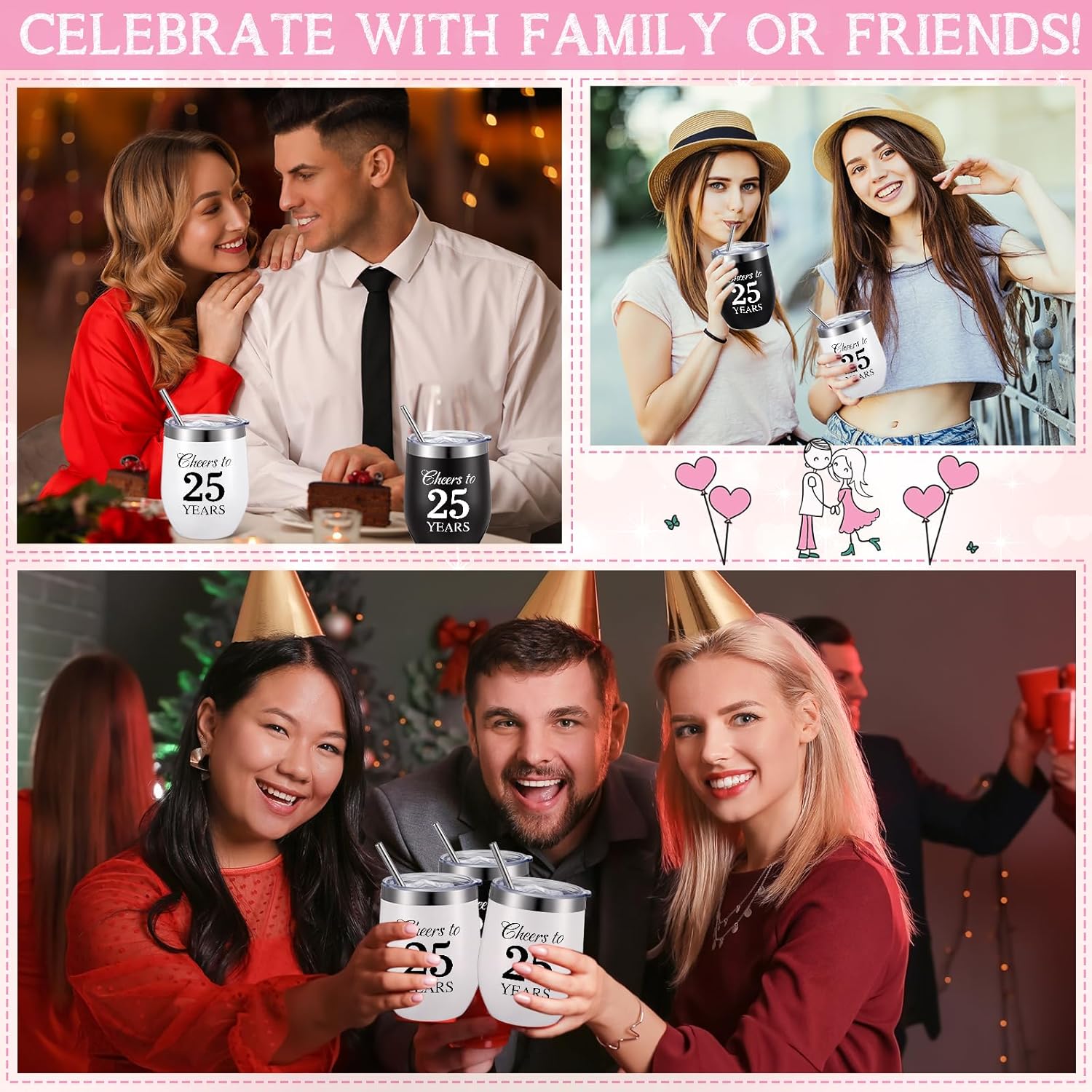 Domensi 2 Pcs 25th Anniversary Wedding Gifts Tumblers Cheers to 25 Years Cups for Wife Husband Parents Couple Birthday Party Gifts for Men Women 12 oz Tumblers with Lids and Box - Image 5