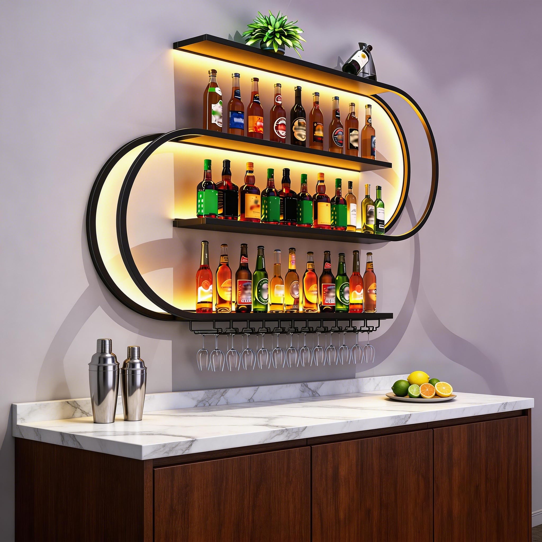 Portabottiglie da parete, mensole da bar sospese a 4 livelli, mensola portabottiglie in metallo industriale, per arredamento da bar e sala da pranzo, nero (150cm)