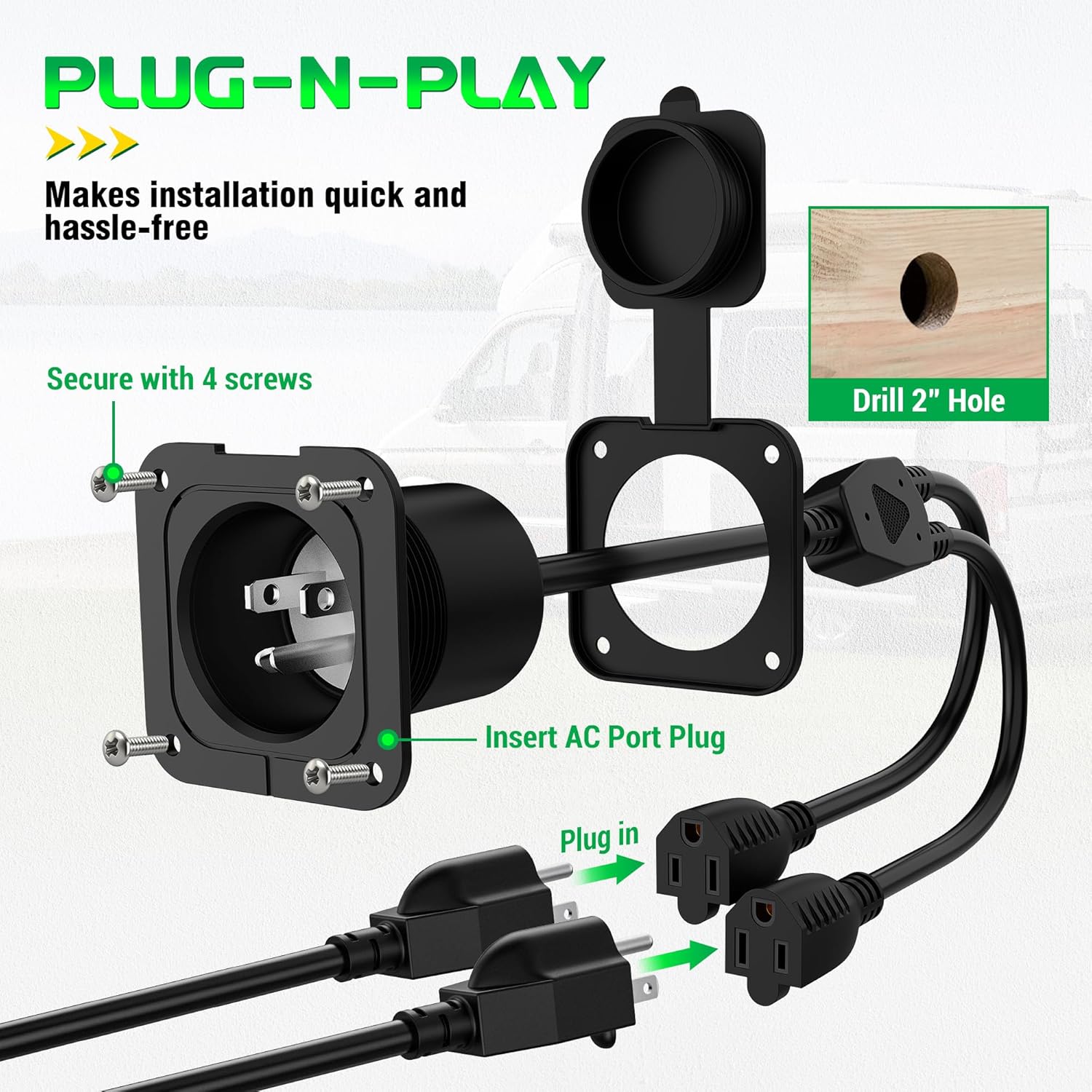 15 Amp AC Port Plug, 125V Shore Power Inlet with 18" Integrated Extension Y Splitter Dual Cord Waterproof Cover NEMA 5-15 Flanged Inlet Receptacle Socket for RV Boat Camper Shed