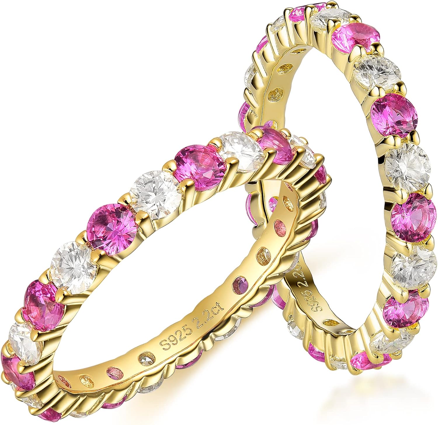 DovEggs Moissanite Wedding Band for Women 1.9-2.3ctw Total 3mm Cut GHI Moissanite&Pink Cut Sapphire Engagement Ring Full Eternity Stackable Wedding Moissanite White/Yellow/Rose Gold Plated Silver