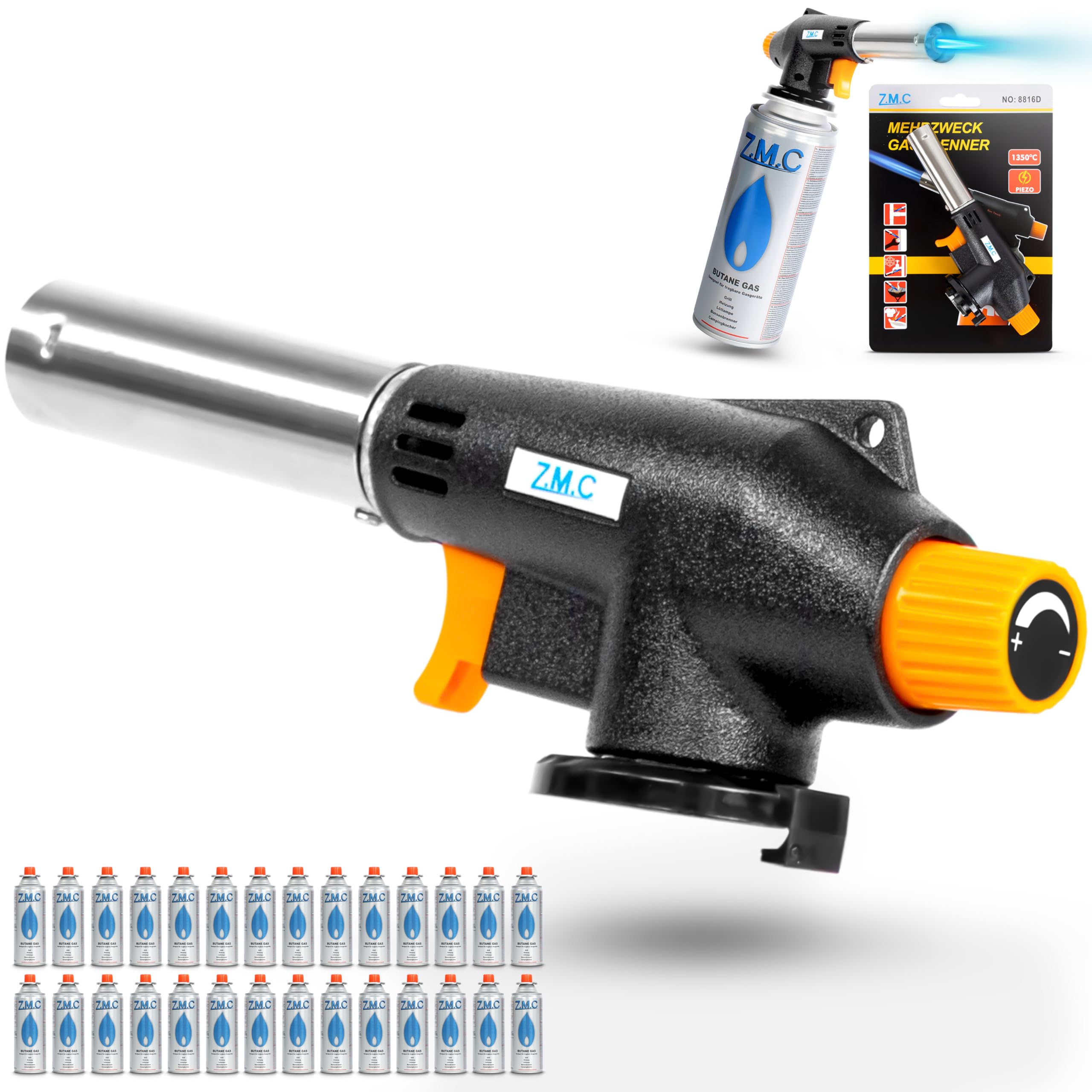 Z.M.C Bruciatore a gas + 28 cartucce a gas da 227 g, bruciatore a flamber fino a 1300 °C, torcia a saldatura, torcia da cucina con fiamma regolabile