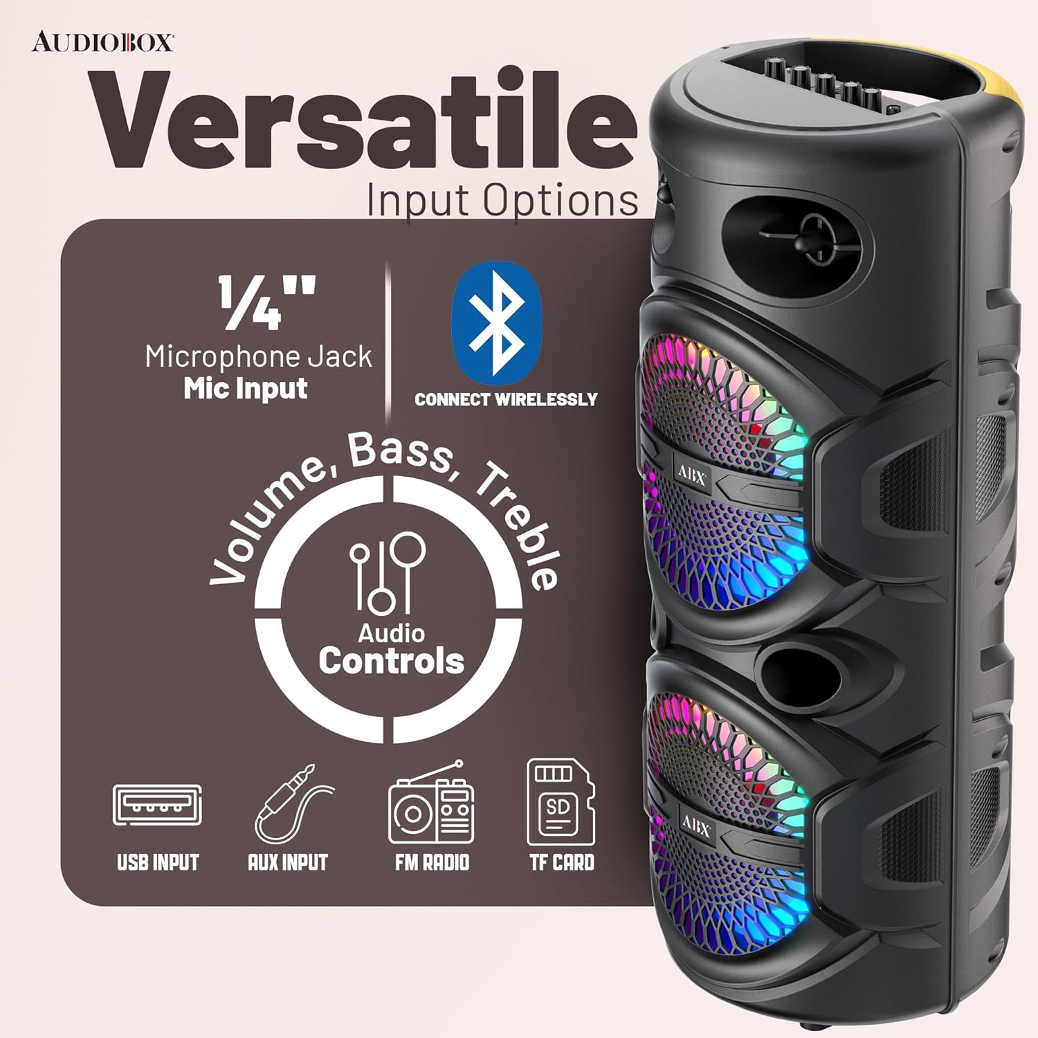 Audiobox Portable Bluetooth Speaker – Dual 8” Woofers, LED Ring Lights, Mic Input, Rechargeable Battery – Loud Bass, Fun Lights, Perfect for Kids Parties, Beach, Pool & Karaoke