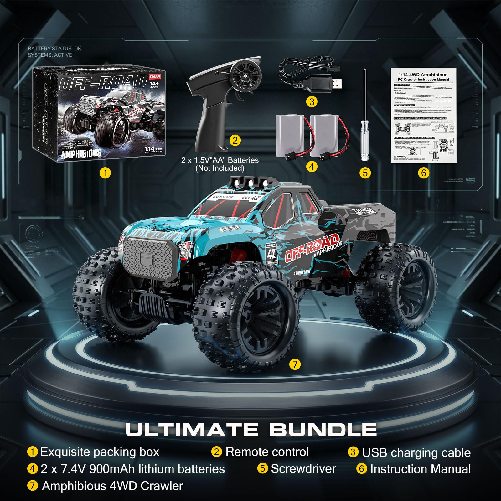 YESHIN Amphibienfahrzeug Ferngesteuertes Auto 1:14, 4WD RC Auto Geländewagen mit Licht & 2 Akkus, 2,4GHz Monstertruck Geschenk für Kinder Erwachsene Spielzeugauto für Sand, Wasser & Gelände